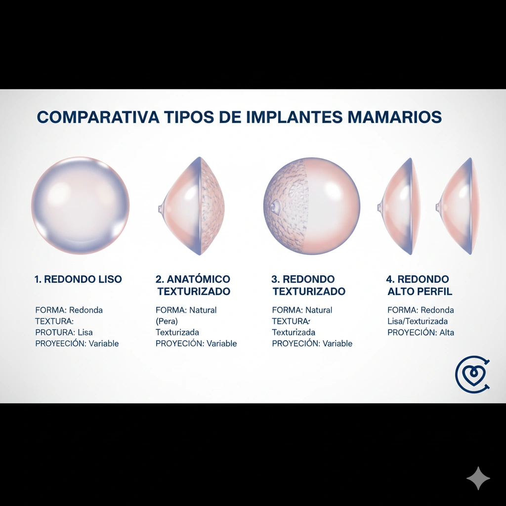 Tipos implantes mamarios comparación - redondo anatómico texturizado alto perfil silicona