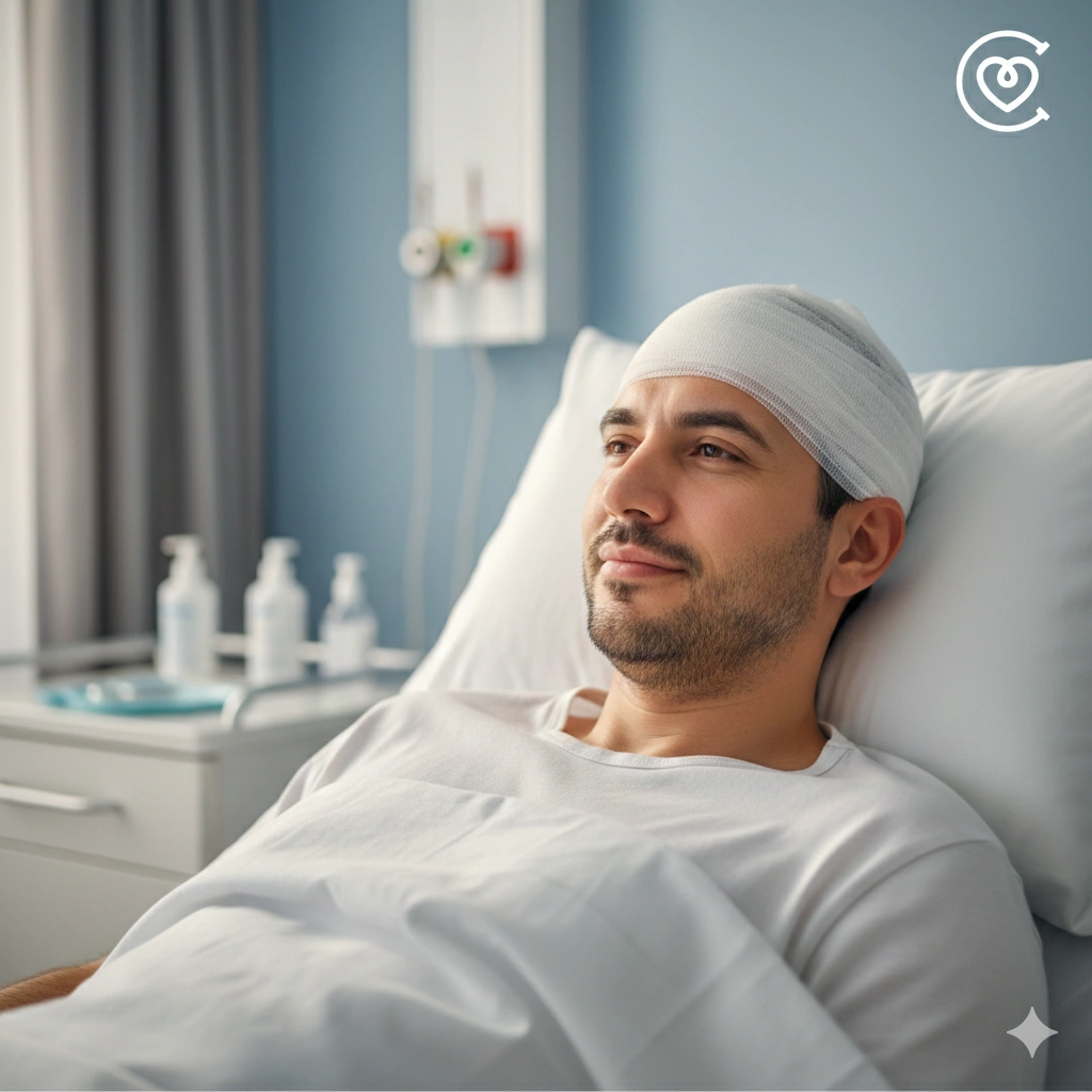 Paciente en recuperación 15 días después del injerto capilar en Turquía con cabeza vendada y aspecto tranquilo