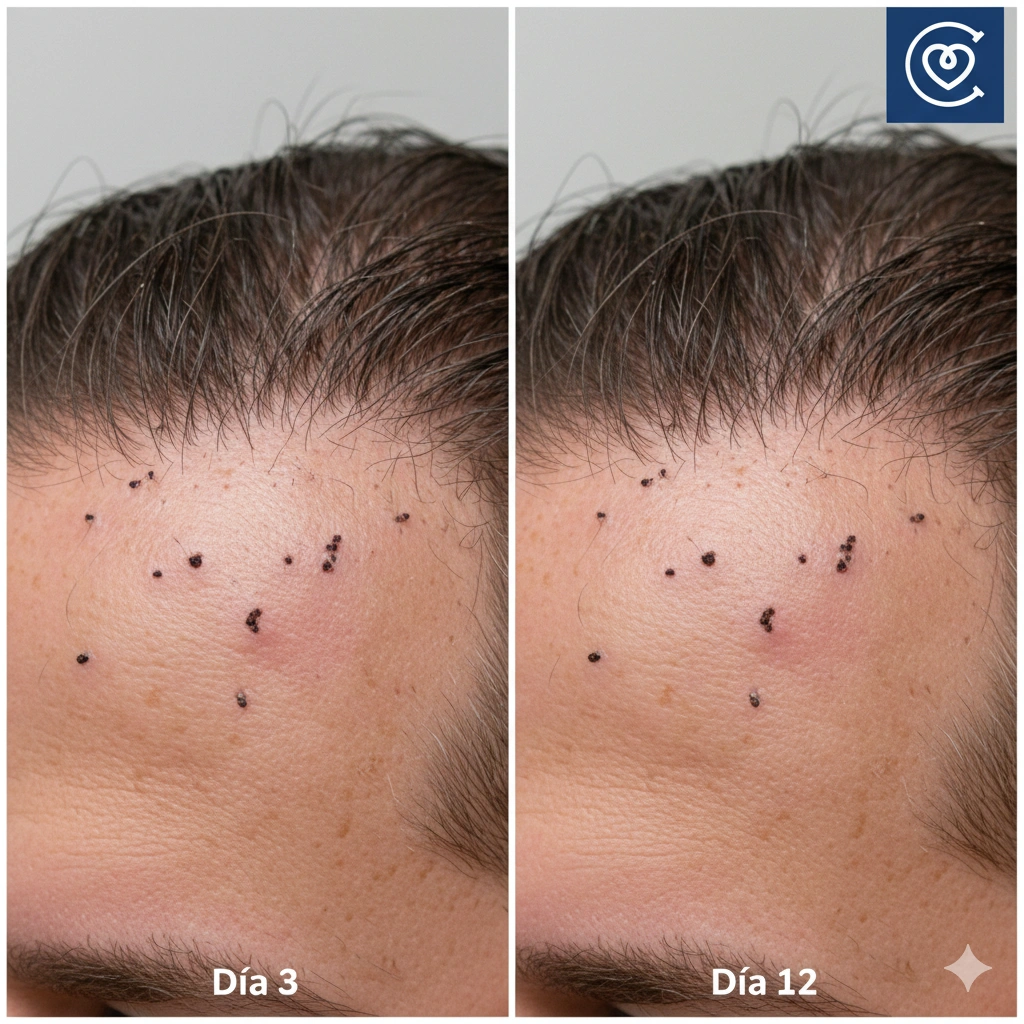 Proceso de cicatrización del cuero cabelludo día a día durante los primeros 15 días del postoperatorio del injerto capilar