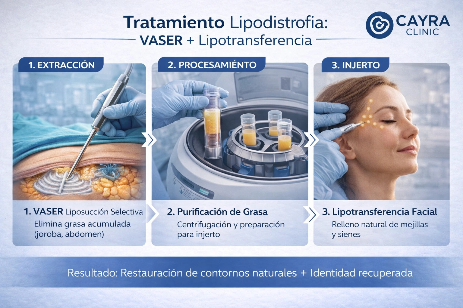 Tratamiento lipodistrofia VIH con VASER liposucción y lipotransferencia facial autóloga - proceso completo en 3 pasos Cayra Clinic