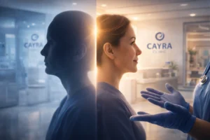 Alt Text: Restauración facial lipodistrofia VIH en Cayra Clinic Estambul - transformación antes y después con tratamiento VASER y lipotransferencia