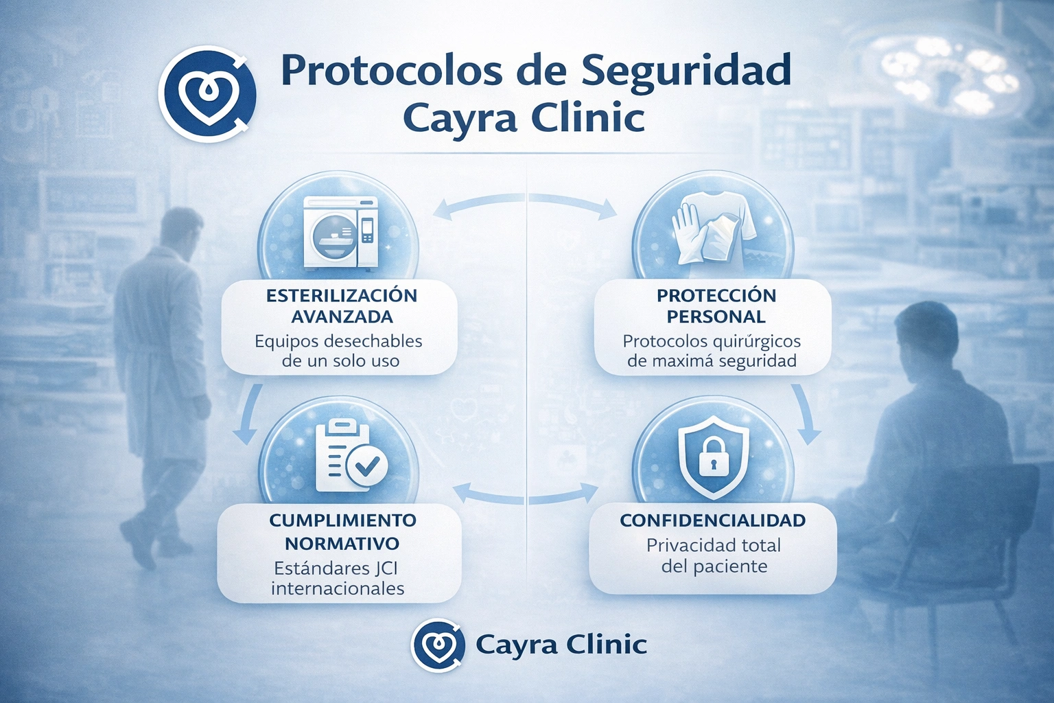 Protocolos de seguridad Cayra Clinic para pacientes VIH - esterilización avanzada, equipos desechables, acreditación JCI, confidencialidad total