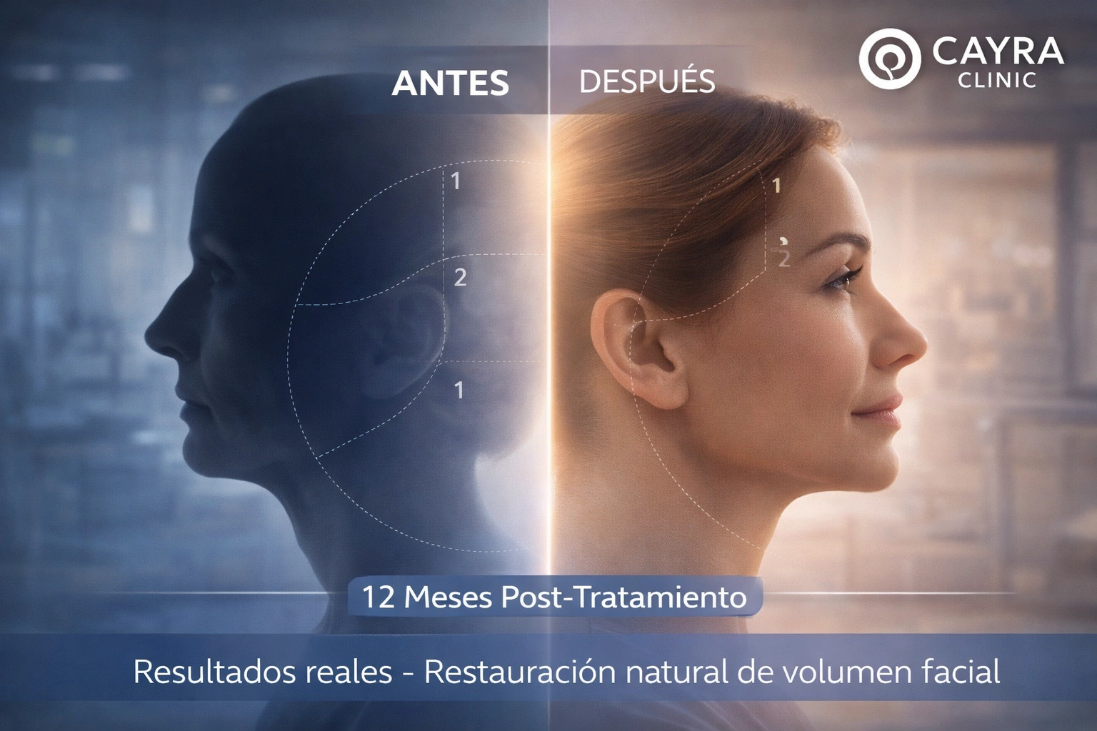 Resultados antes y después lipotransferencia facial VIH - restauración volumen mejillas y sienes 12 meses post-tratamiento