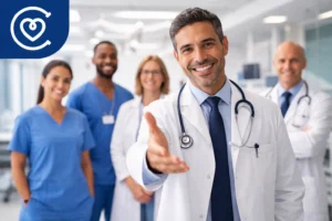 Equipo médico profesional dando bienvenida a pacientes VIH en clínica moderna de Turquía - cirugía estética sin discriminación