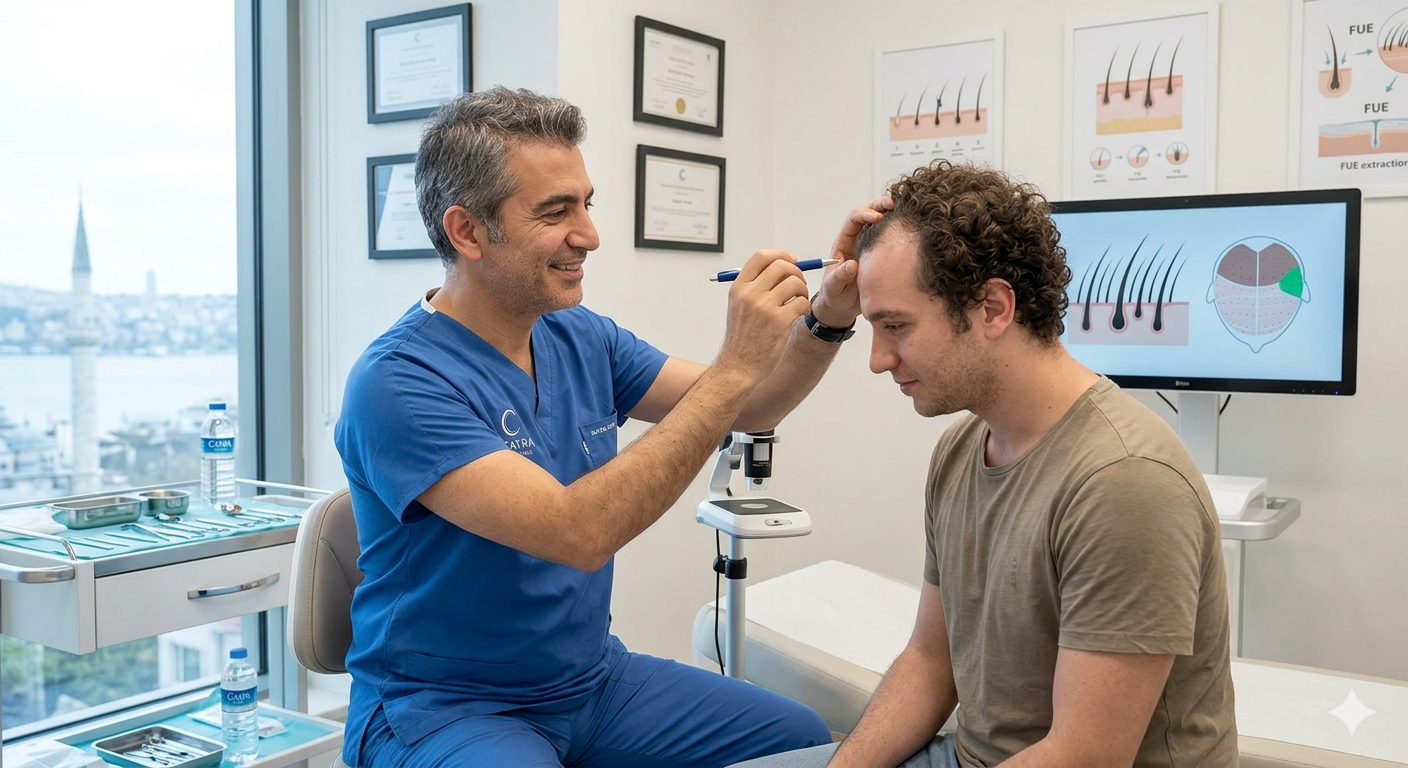 Consulta de diagnóstico capilar honesta en Cayra Clinic Turquía, donde el doctor evalúa la progresión de la alopecia antes de autorizar el trasplante de pelo.