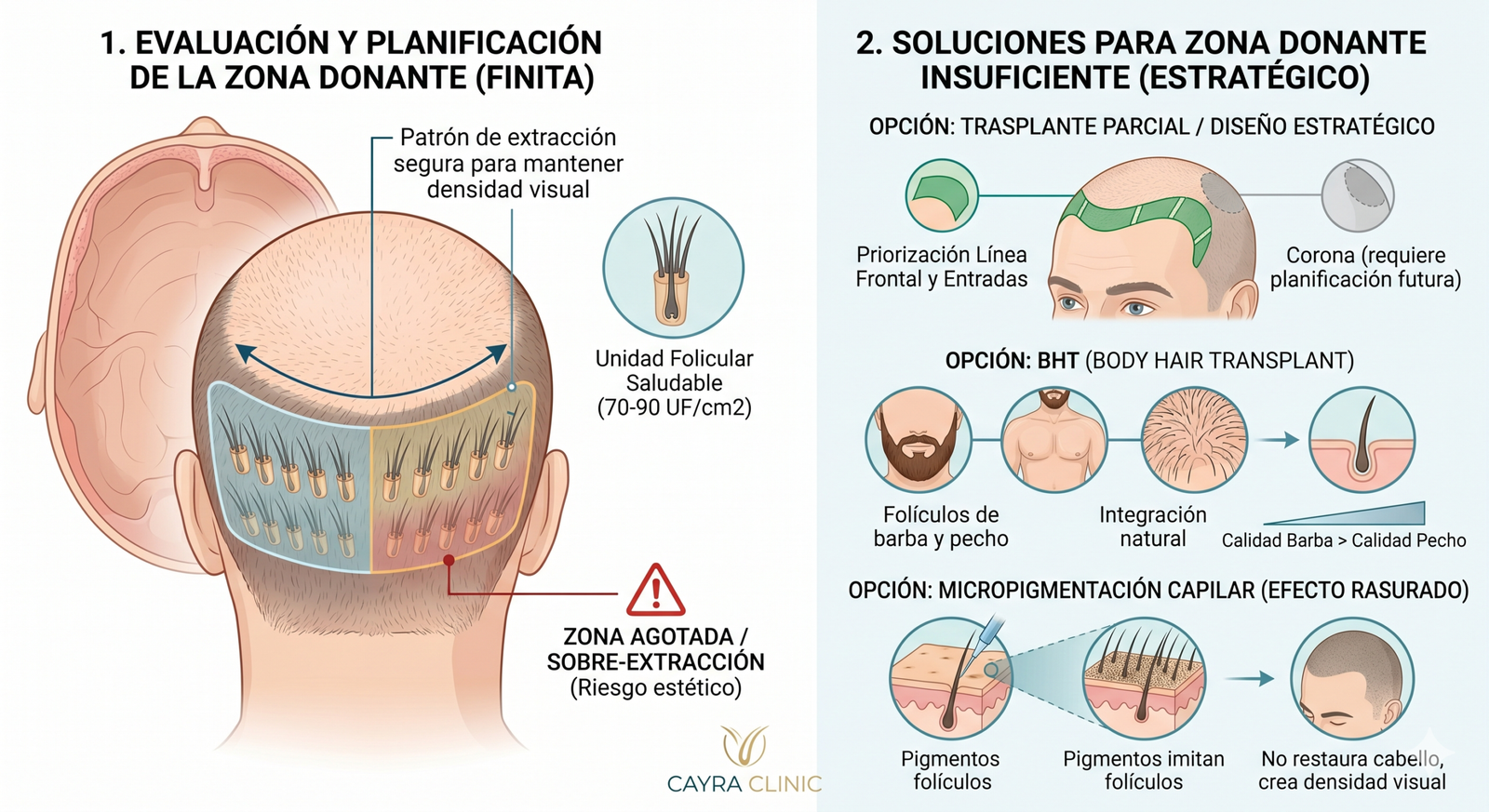 Guía clínica en español para casos de donante limitado en un trasplante capilar: opciones de diseño estratégico, técnica BHT (Body Hair Transplant) y micropigmentación con efecto rasurado por Cayra Clinic.