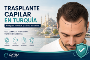 Trasplante capilar en Turquía: paciente evaluando su línea capilar antes del procedimiento, ilustrando los riesgos, miedos y consejos para elegir una clínica segura en Turquía.