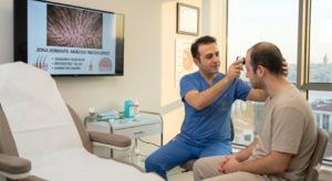 Evaluación de la zona donante mediante tricoscopia digital en Cayra Clinic antes de un trasplante capilar.