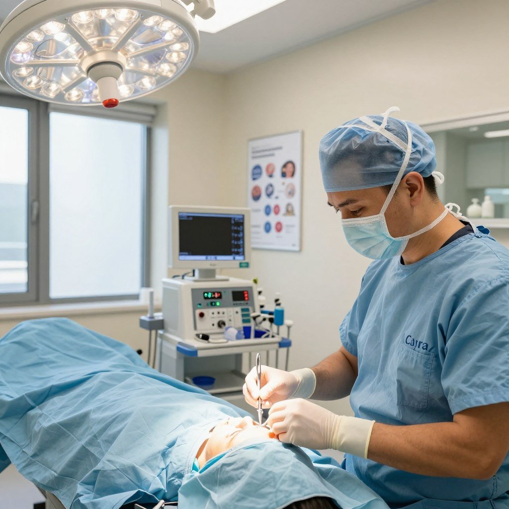 A modern, well-lit surgical clinic in Antalya or Istanbul, showcasing a professional and sterile environment for cosmetic surgery. In the foreground, a skilled surgeon in professional attire is gently preparing surgical instruments, reflecting high standards of safety and hygiene. The middle ground features a state-of-the-art operating table and equipment, indicating advanced technology and protocols. The background includes calming light colors and medical posters emphasizing international safety standards. Natural light filters in through large windows, creating a clean, inviting atmosphere. The overall mood is professional and reassuring, highlighting the expertise of "Cayra" in providing exceptional aesthetic surgery services safely and effectively. A modern, well-lit surgical clinic in Antalya or Istanbul, showcasing a professional and sterile environment for cosmetic surgery. In the foreground, a skilled surgeon in professional attire is gently preparing surgical instruments, reflecting high standards of safety and hygiene. The middle ground features a state-of-the-art operating table and equipment, indicating advanced technology and protocols. The background includes calming light colors and medical posters emphasizing international safety standards. Natural light filters in through large windows, creating a clean, inviting atmosphere. The overall mood is professional and reassuring, highlighting the expertise of "Cayra" in providing exceptional aesthetic surgery services safely and effectively.