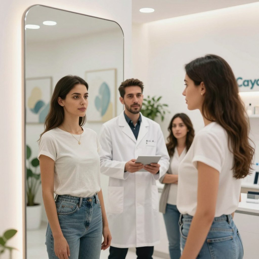A serene aesthetic clinic in Turkey focused on clavicle reduction surgery, showcasing a bright, modern interior with crisp white walls and soft, ambient lighting. In the foreground, a confident woman in modest casual clothing admires her reflection in a full-length mirror, displaying a subtle transformation and youthful elegance. The middle ground features a professional surgeon in a pristine lab coat, consulting with another patient, embodying trust and expertise. In the background, serene artwork and plants create a calming atmosphere, emphasizing the healing and transformation process. Captured with a slight depth of field and soft-focus effect, the mood is uplifting and inspirational, embodying the potential for transformation associated with the service. Brand logo "Cayra" is subtly integrated into the clinic environment. A serene aesthetic clinic in Turkey focused on clavicle reduction surgery, showcasing a bright, modern interior with crisp white walls and soft, ambient lighting. In the foreground, a confident woman in modest casual clothing admires her reflection in a full-length mirror, displaying a subtle transformation and youthful elegance. The middle ground features a professional surgeon in a pristine lab coat, consulting with another patient, embodying trust and expertise. In the background, serene artwork and plants create a calming atmosphere, emphasizing the healing and transformation process. Captured with a slight depth of field and soft-focus effect, the mood is uplifting and inspirational, embodying the potential for transformation associated with the service. Brand logo "Cayra" is subtly integrated into the clinic environment.