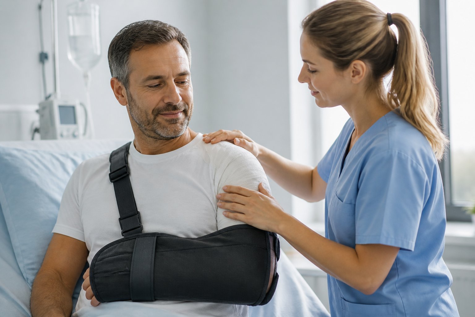 Paciente en recuperación después de cirugía de reducción de hombros, asistido por un profesional de la salud en un entorno médico.