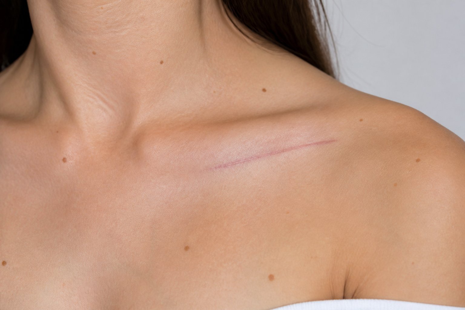 Primer plano del área de la clavícula de una persona con una cicatriz postquirúrgica bien curada y estética.
