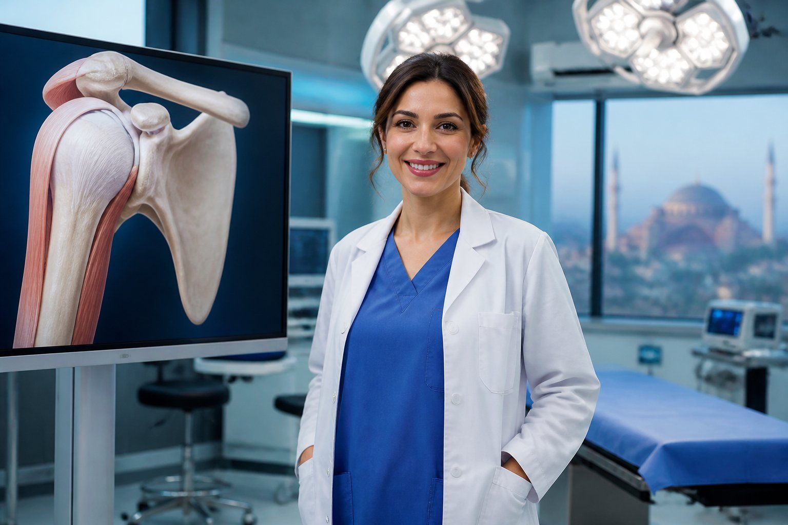 Cirujana en clínica médica moderna junto a una pantalla digital que muestra un hombro humano.
