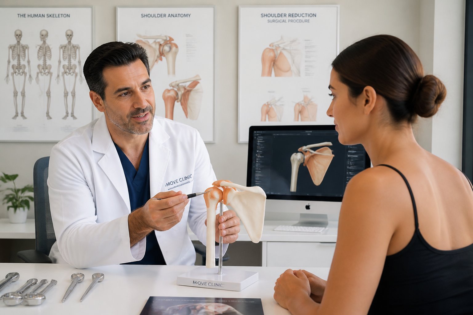 Un cirujano consulta con una paciente sobre la reducción de hombros en una sala médica moderna.