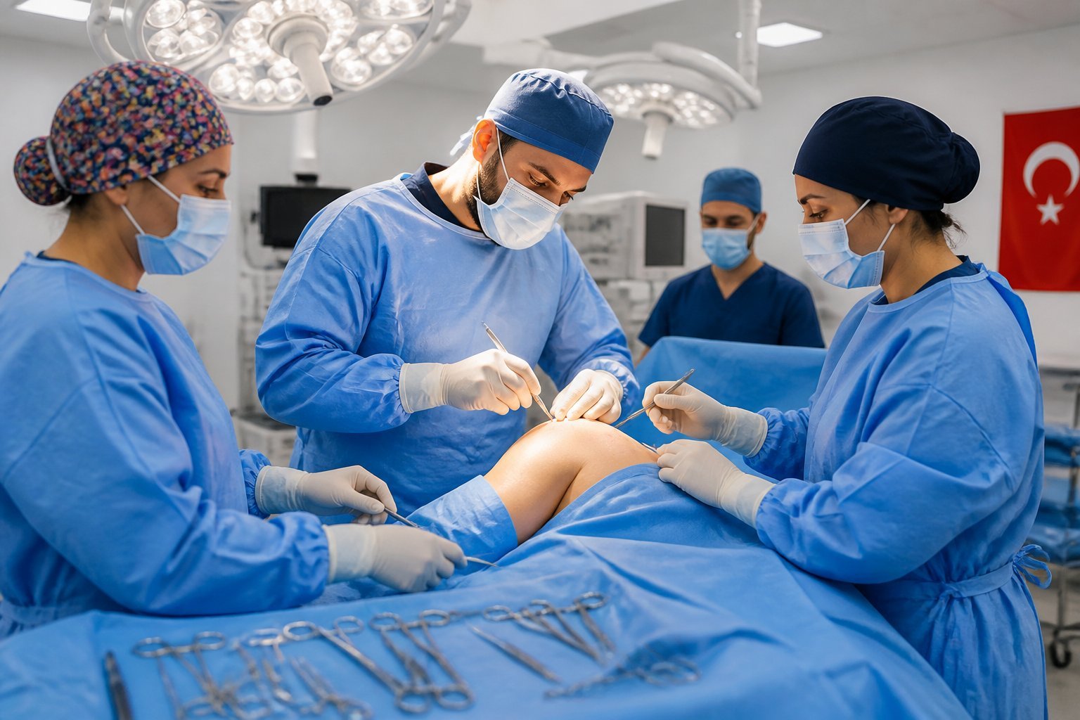 Equipo de cirujanos trabajando en una sala de operaciones moderna para realizar una cirugía en los hombros.