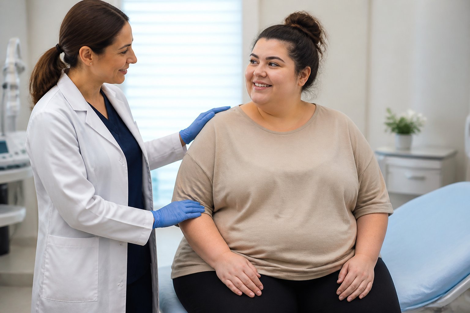 Una mujer de talla grande en una clínica médica moderna en Turquía, acompañada por una profesional de la salud, en un ambiente limpio y seguro.