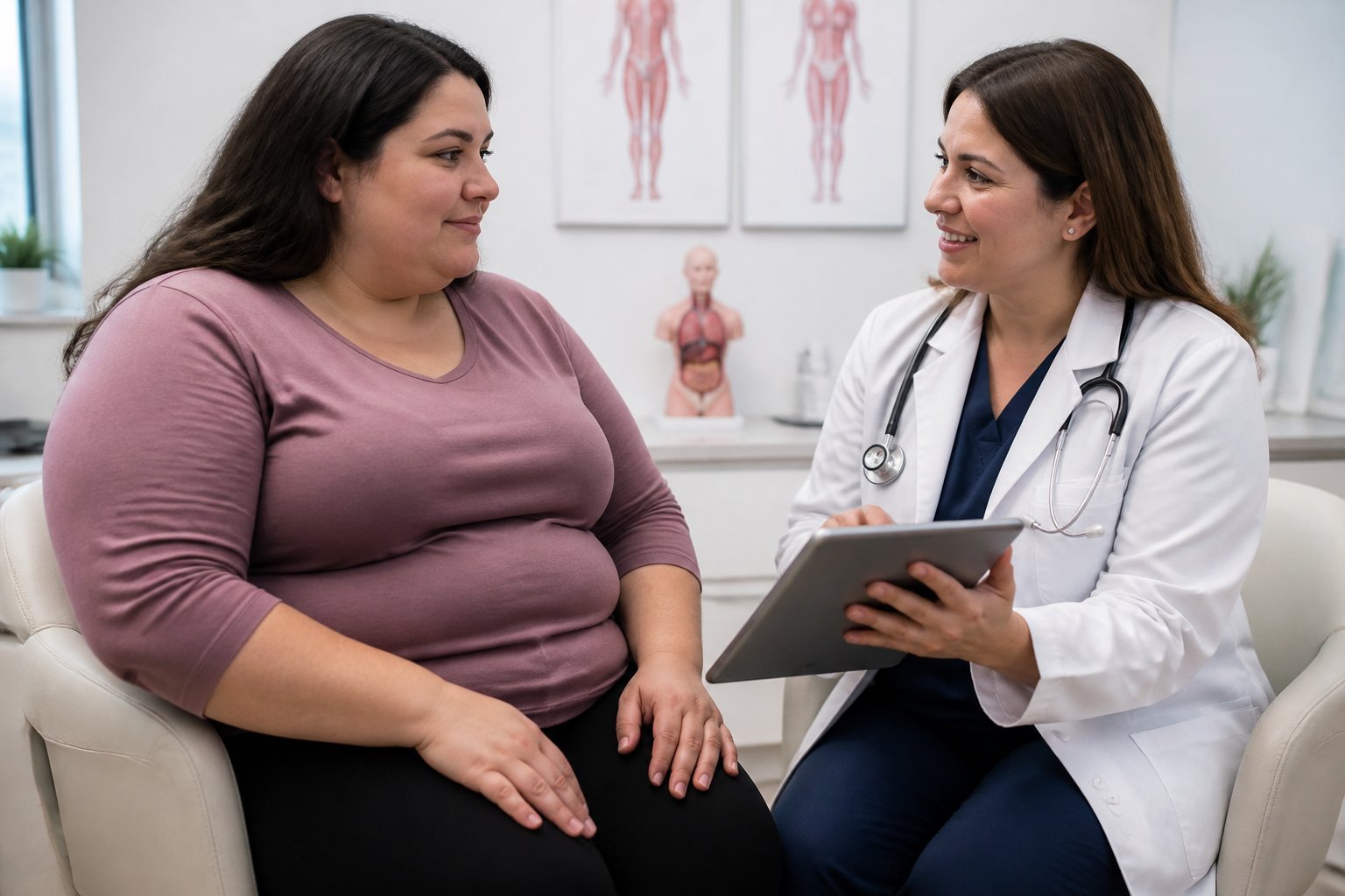 Una mujer plus size en consulta médica con una doctora que le explica opciones quirúrgicas en una sala moderna y luminosa.