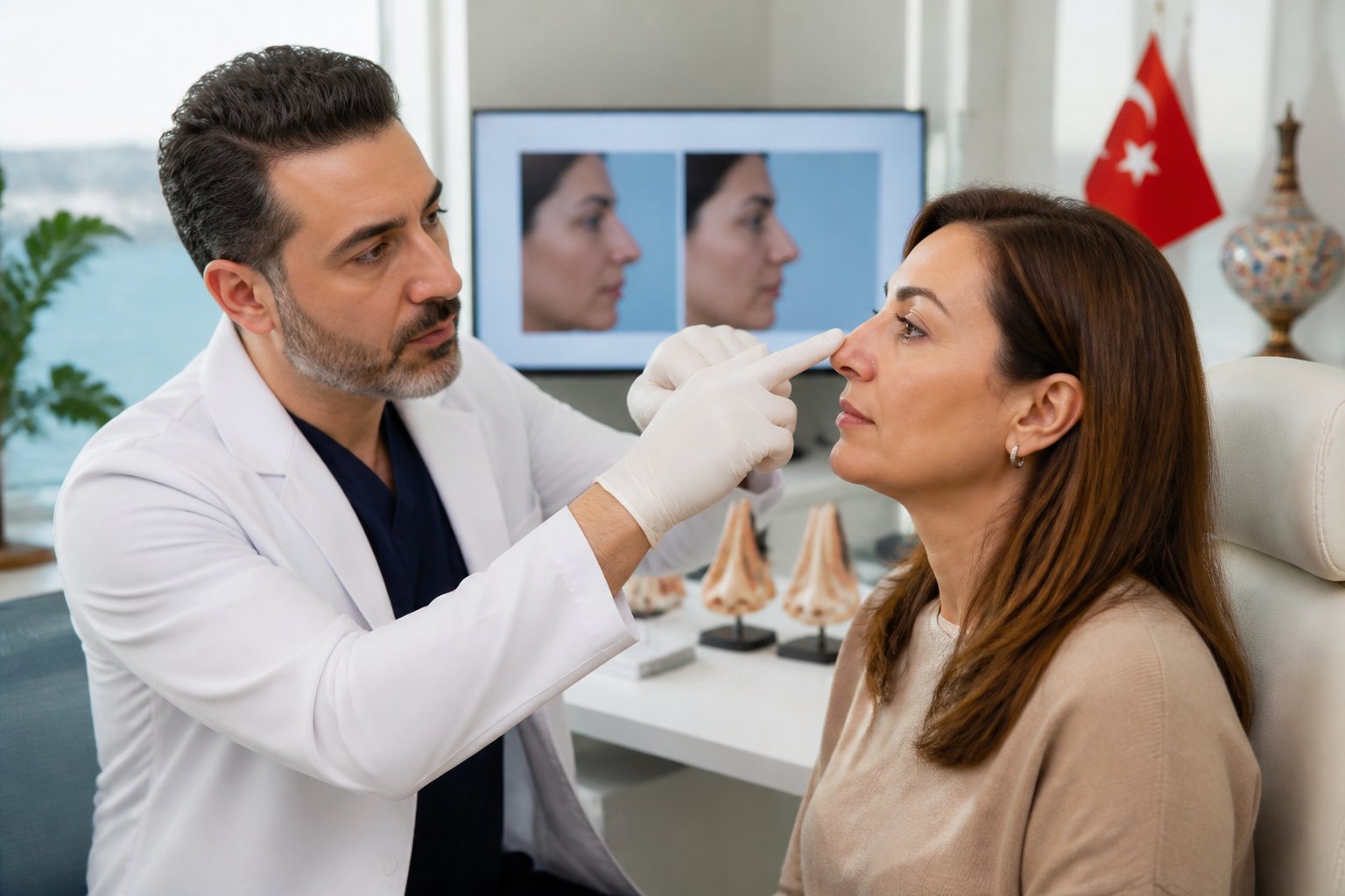 Un cirujano plástico consulta con un paciente sobre la corrección de una cirugía nasal previa en una clínica moderna en Turquía.