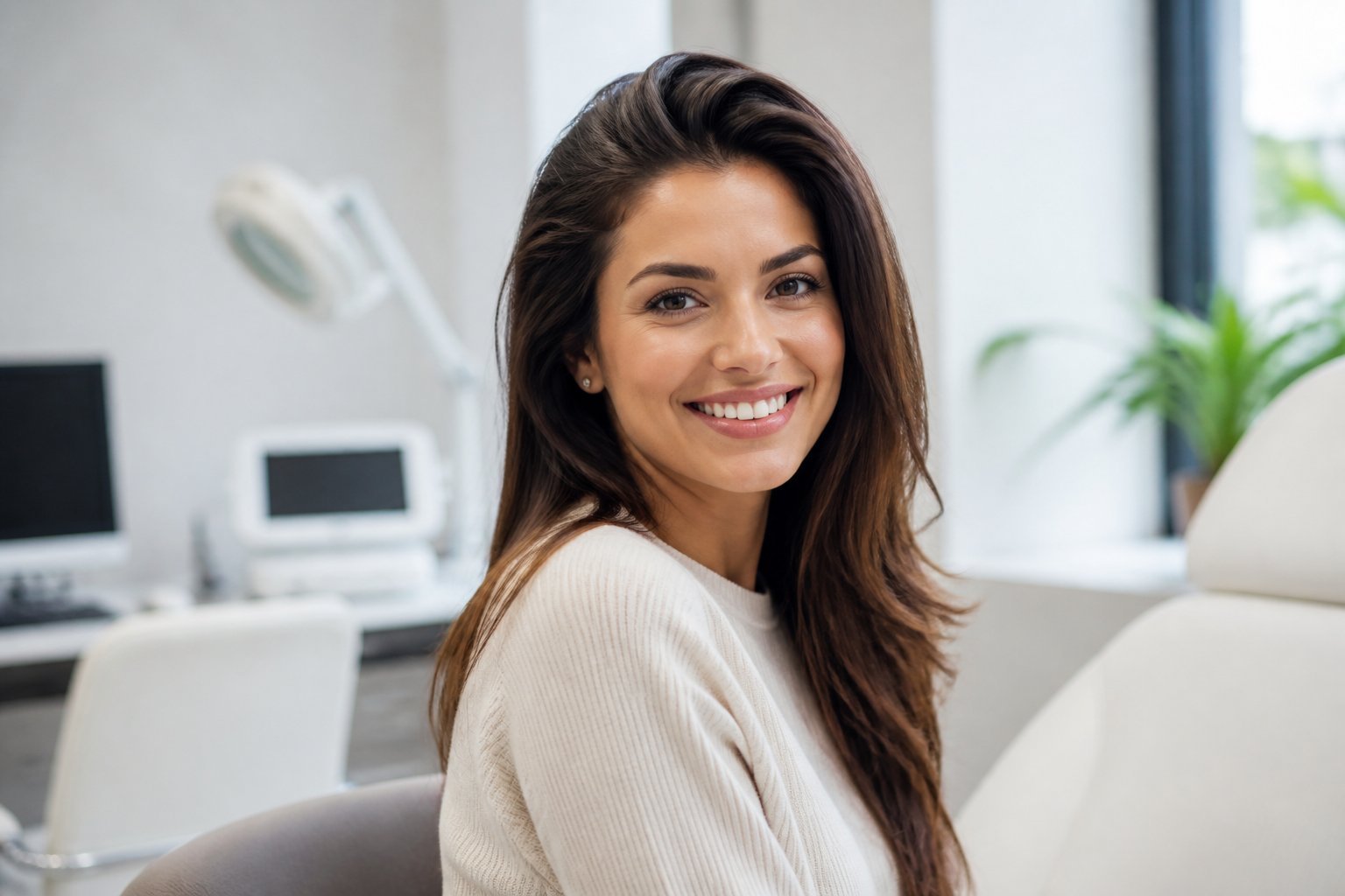 Mujer sonriente con cabello abundante sentada en una clínica médica moderna.