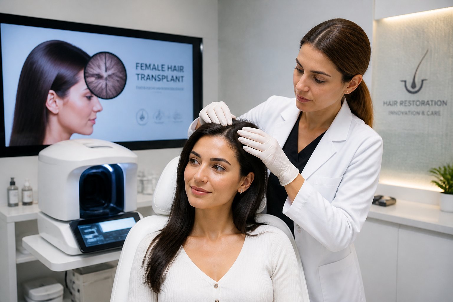 Paciente femenina recibiendo examen capilar en una clínica médica moderna con una doctora especializada.