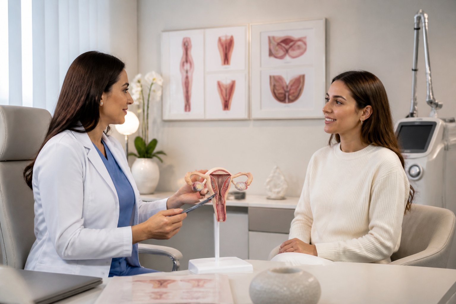 Consulta médica en una clínica moderna entre una doctora y una paciente, enfocada en rejuvenecimiento vaginal.