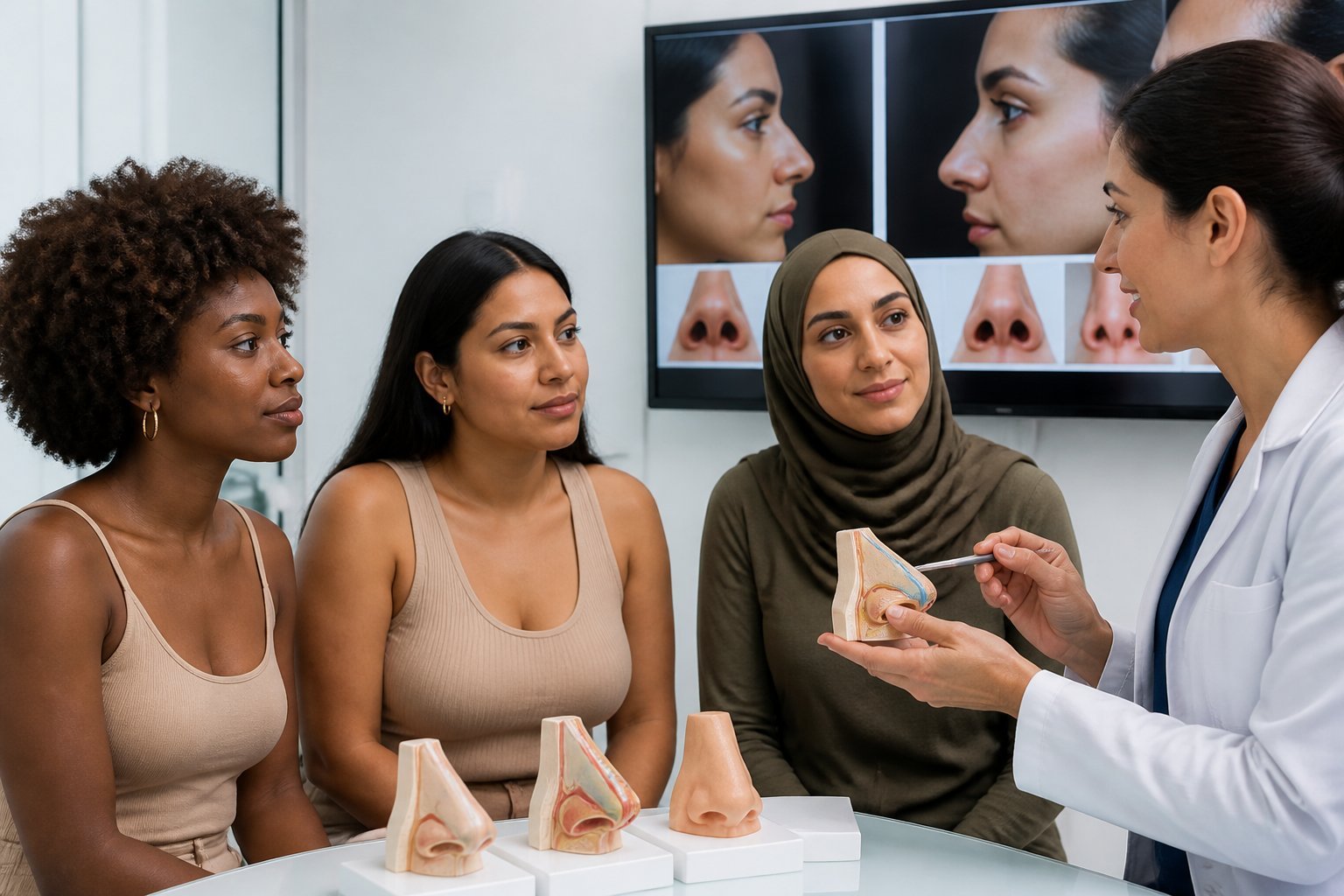 Grupo de mujeres diversas en una consulta médica sobre rinoplastia étnica con un cirujano plástico en una clínica moderna.