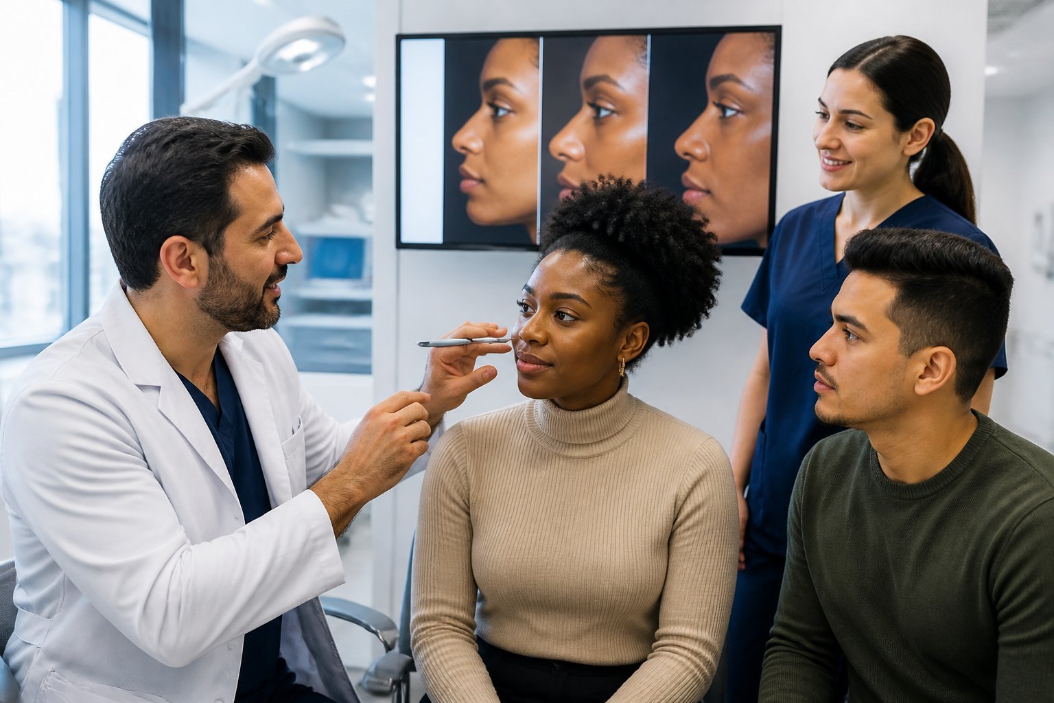 Un grupo diverso de profesionales médicos en una clínica moderna consultando con pacientes afrodescendientes y mestizos sobre técnicas de rinoplastia étnica.