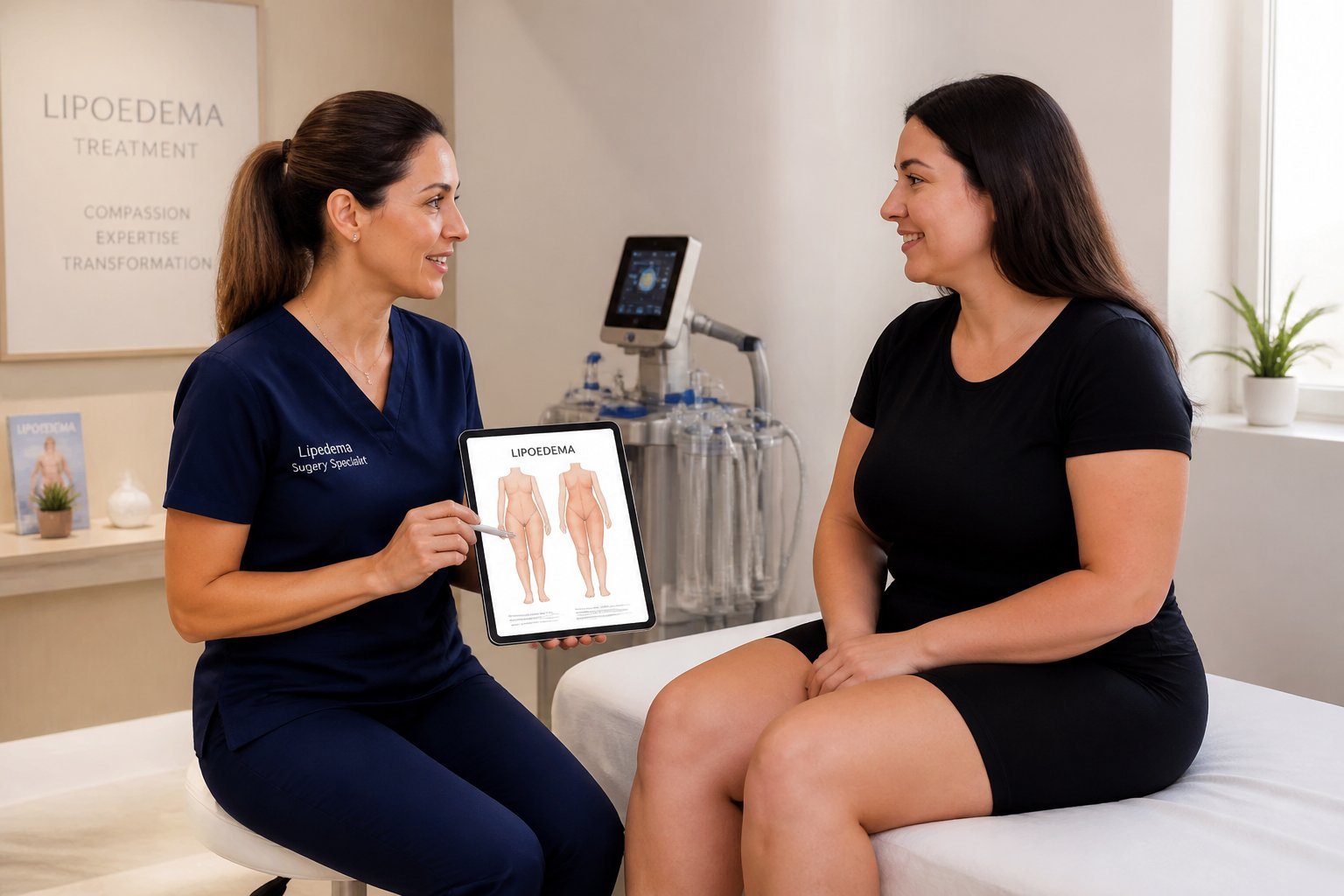 Doctora consultando a una paciente en una clínica médica moderna sobre el tratamiento quirúrgico del lipedema.