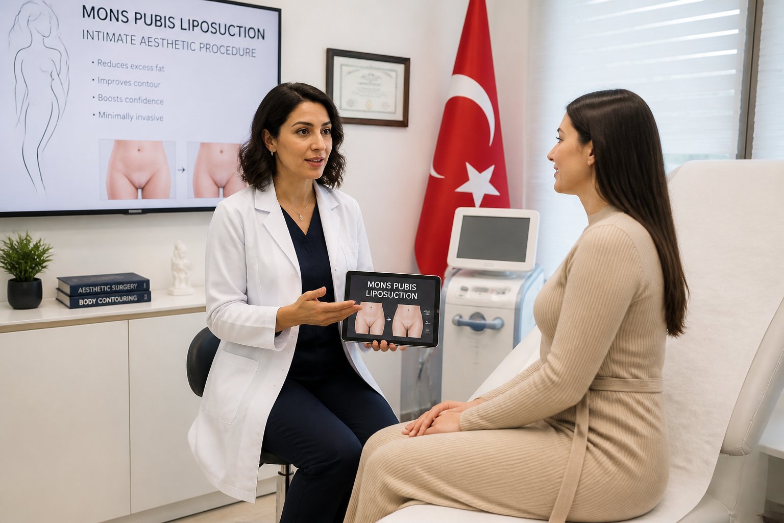 Consulta médica entre una doctora y una paciente sobre reducción de grasa púbica en un consultorio moderno.