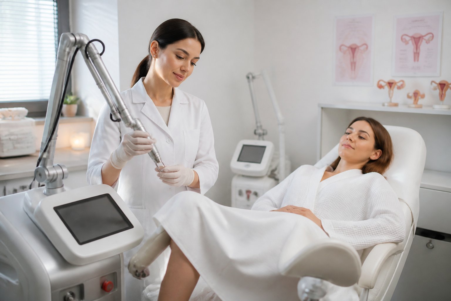 Una profesional médica preparando un equipo láser en una clínica moderna para un tratamiento de rejuvenecimiento vaginal no quirúrgico, con una paciente recostada en una silla de tratamiento.