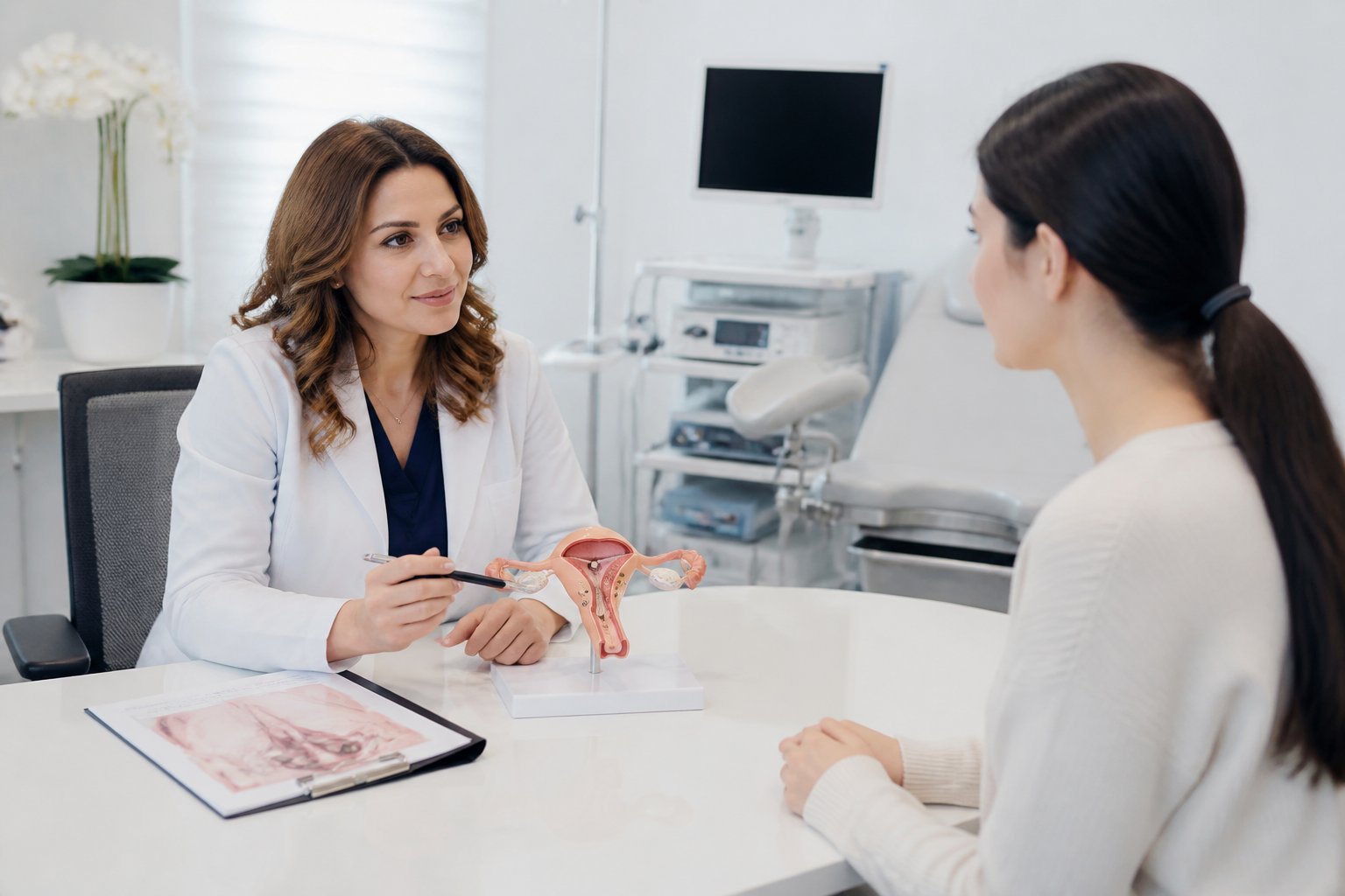 Una doctora y una paciente conversan en una clínica moderna sobre opciones de tratamiento médico.