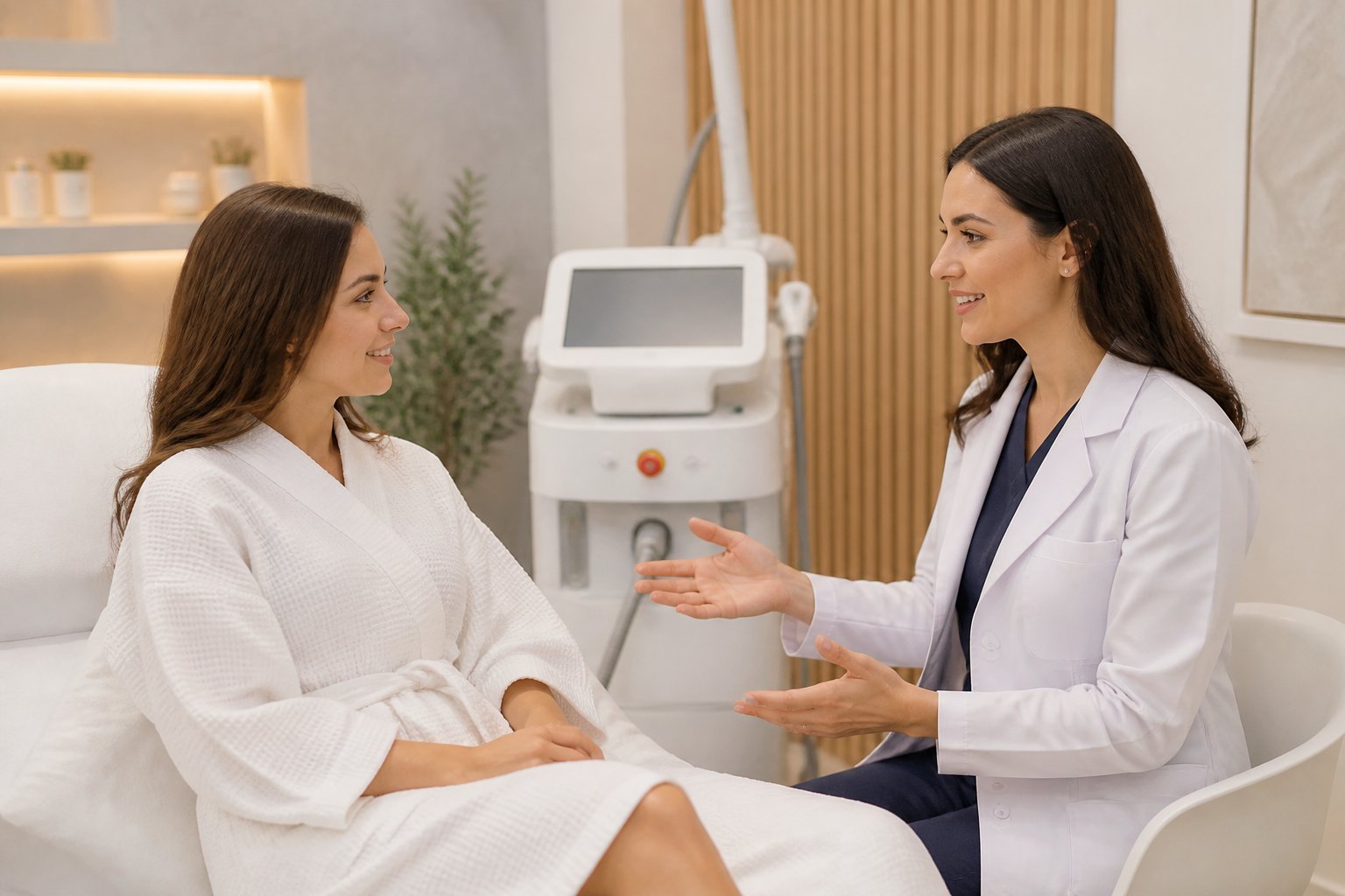 Profesional de la salud consultando con una paciente en una sala moderna de tratamiento médico para procedimientos láser íntimos.