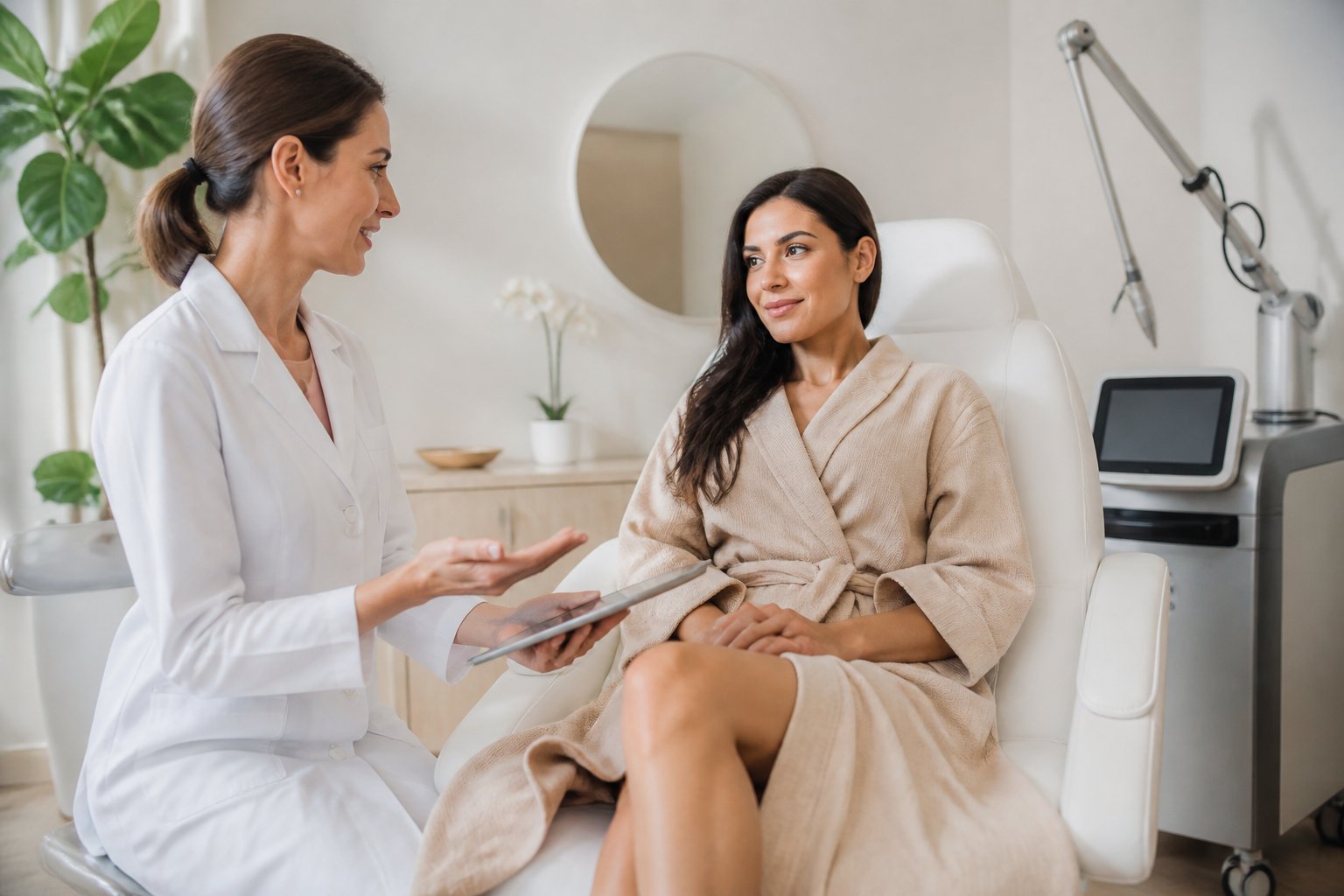 Una profesional médica consultando con una mujer en un ambiente moderno y tranquilo de spa médico especializado en tratamientos íntimos.