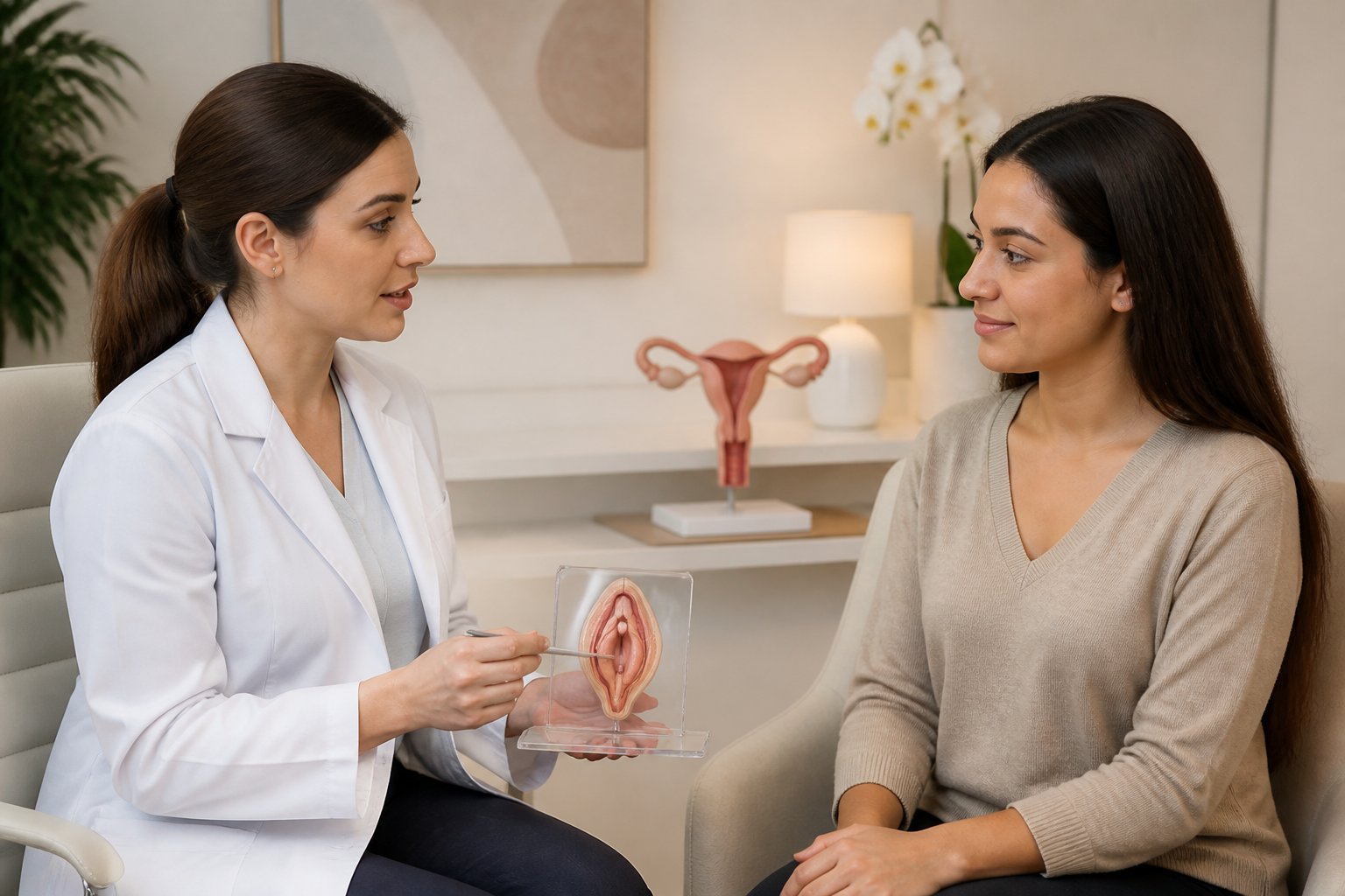 Consulta médica entre una doctora y una paciente en una clínica moderna, enfocada en salud íntima femenina.