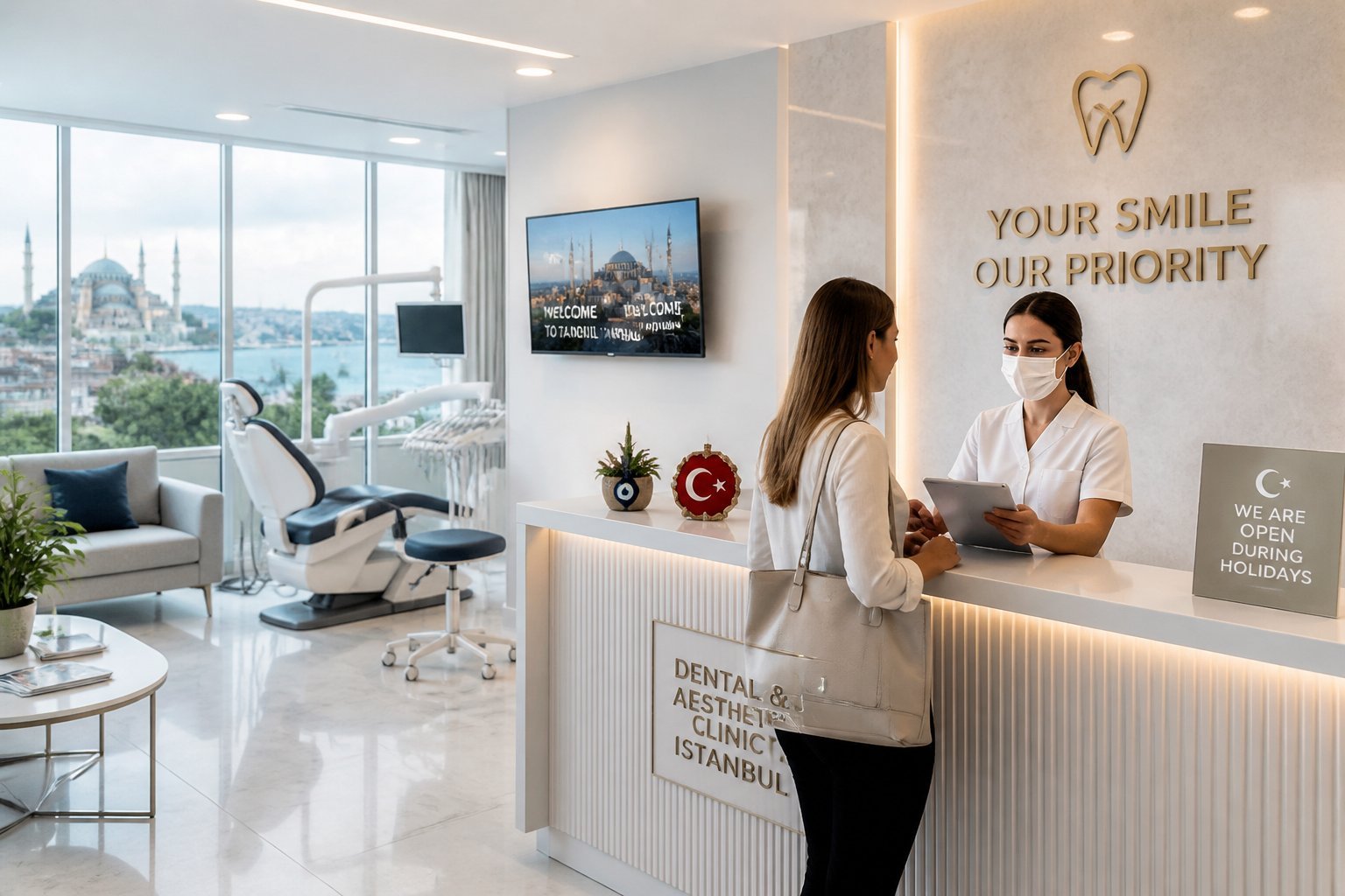 Recepción de una clínica estética y dental moderna en Estambul con personal amable y ambiente limpio y acogedor.