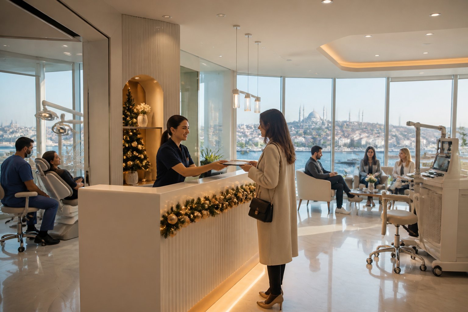 Recepción de una clínica dental y estética en Estambul con personal atendiendo a pacientes durante días festivos.