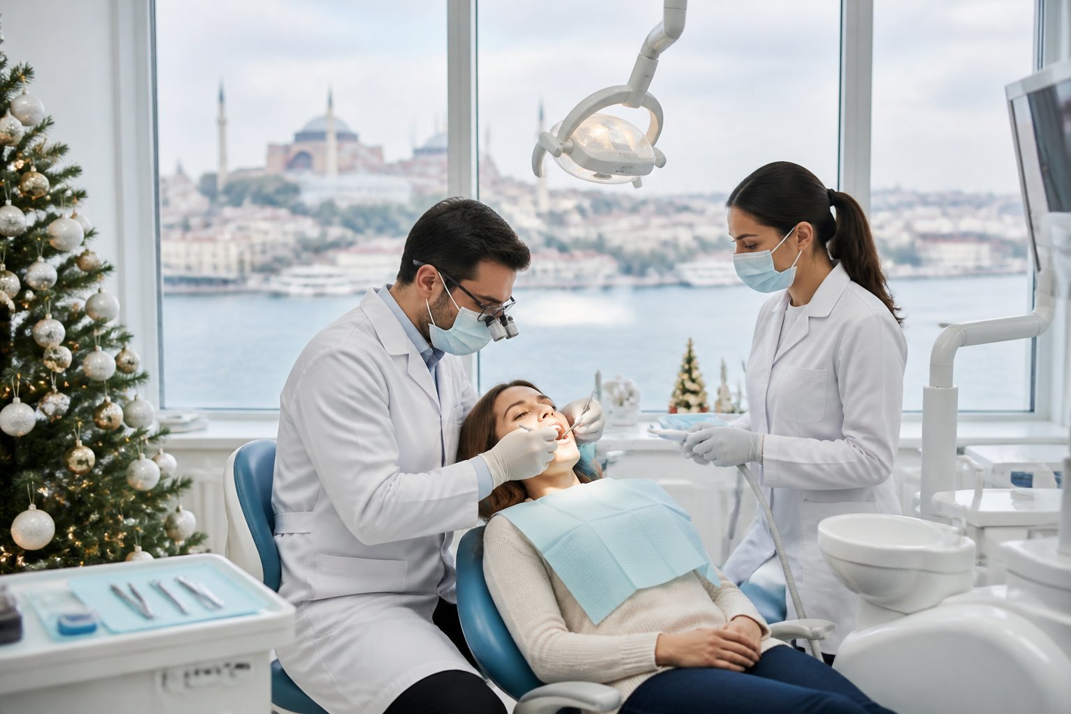 Una clínica dental moderna en Estambul con un dentista y asistente atendiendo a un paciente en una silla dental durante días festivos.