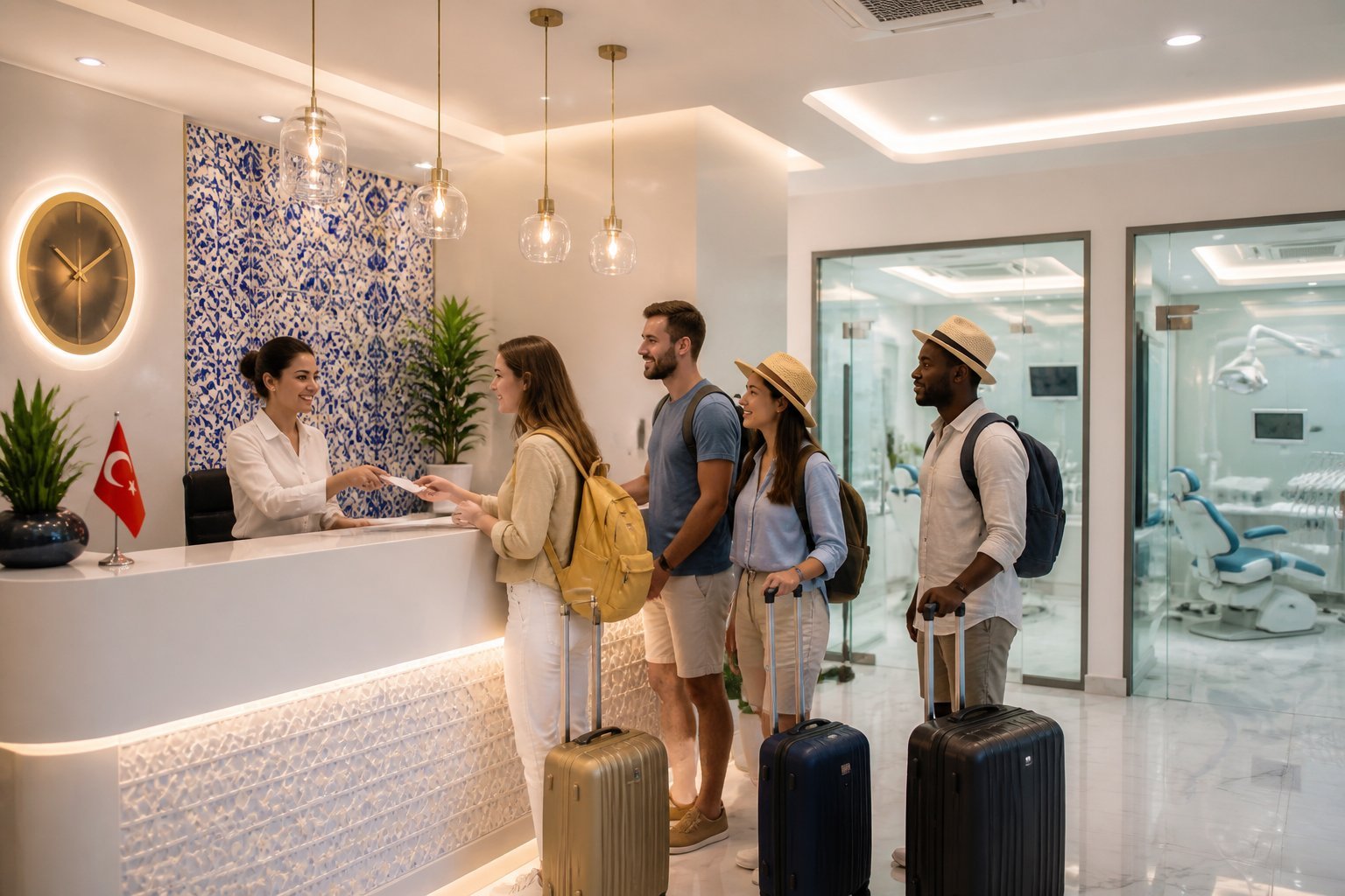 Recepción de una clínica dental moderna en Estambul con un recepcionista atendiendo a turistas y consultorios dentales visibles al fondo.