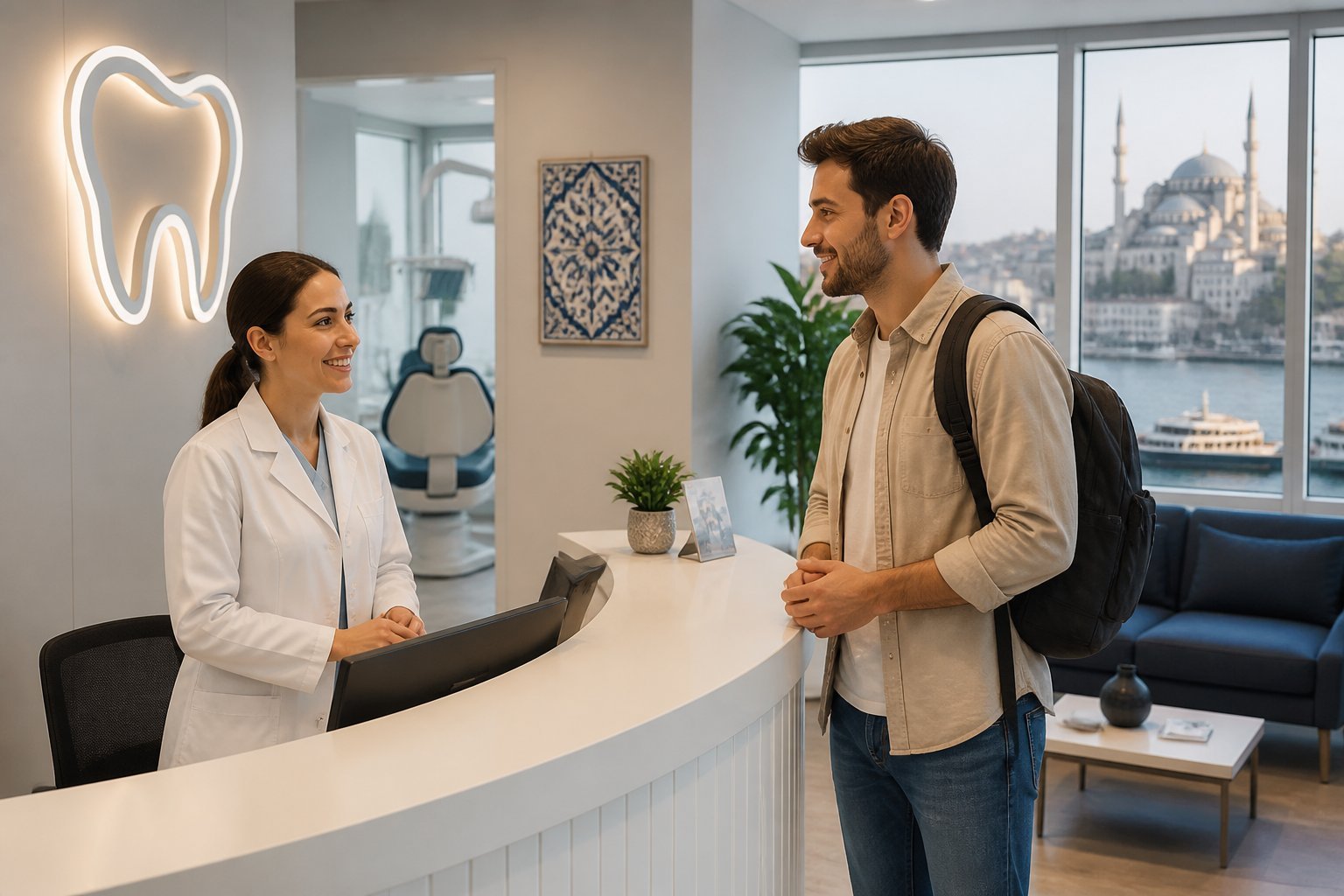 Un turista en una clínica dental moderna en Estambul recibiendo atención de un dentista amable en un área de recepción luminosa.