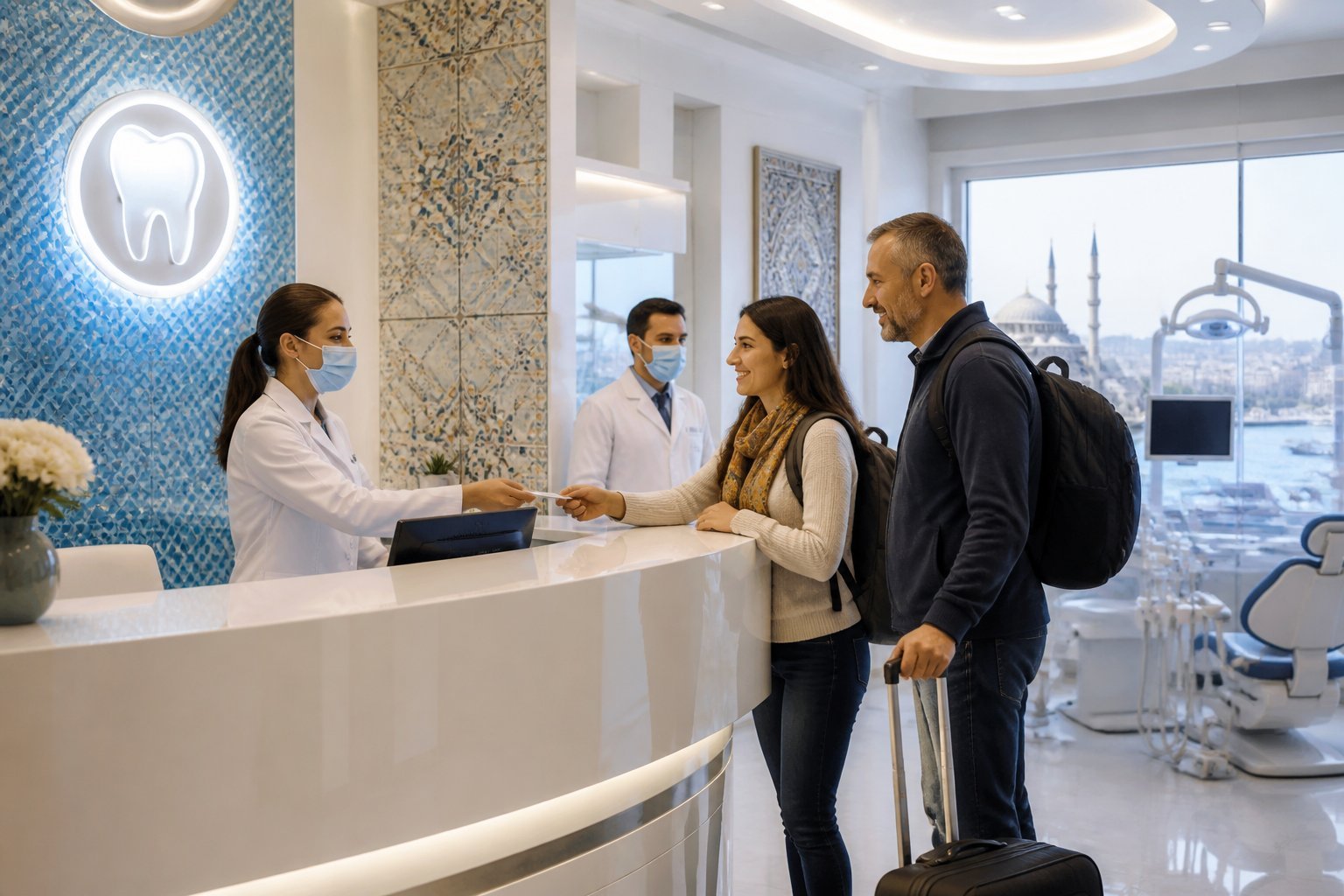 Recepción de una clínica dental de urgencia en Estambul con turistas siendo atendidos por personal médico.