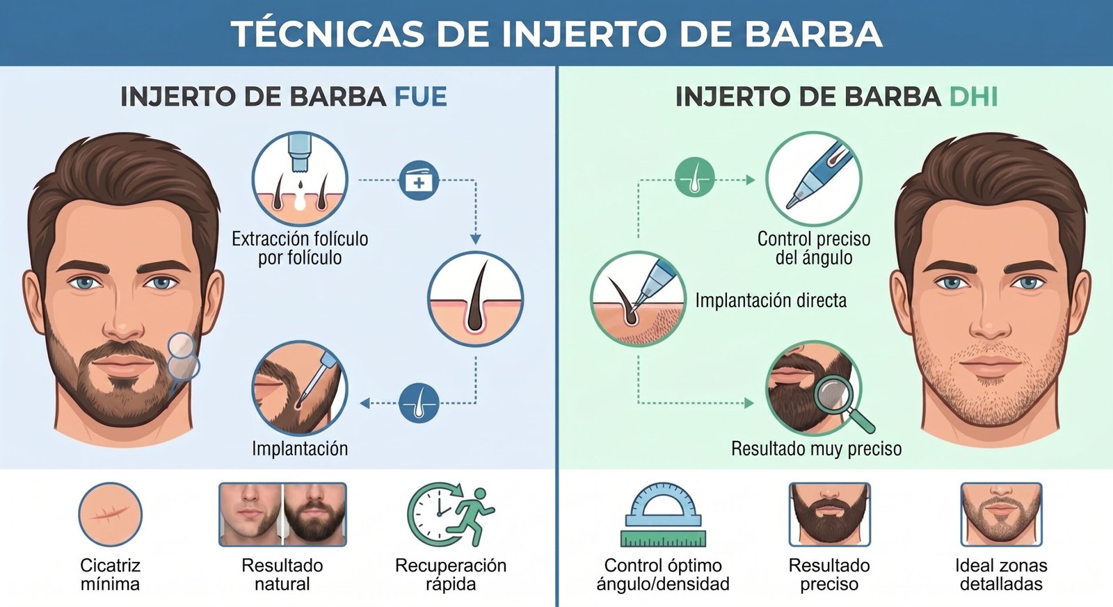 Comparación visual de las técnicas de trasplante de barba FUE vs DHI.
