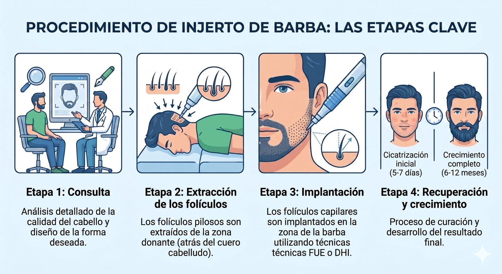 Comparación visual de las técnicas de trasplante de barba FUE vs DHI.