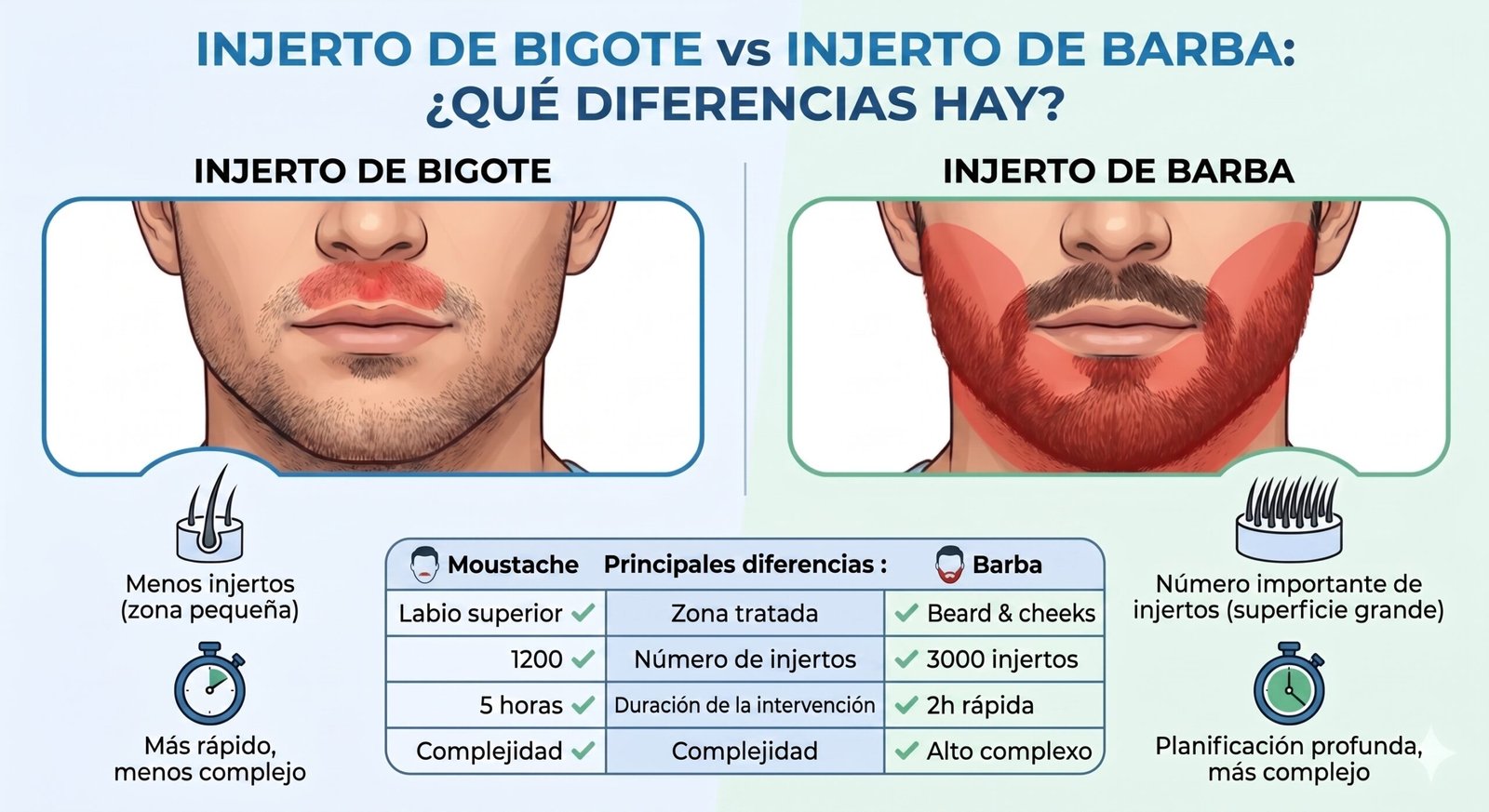 Trasplante de bigote frente a trasplante de barba