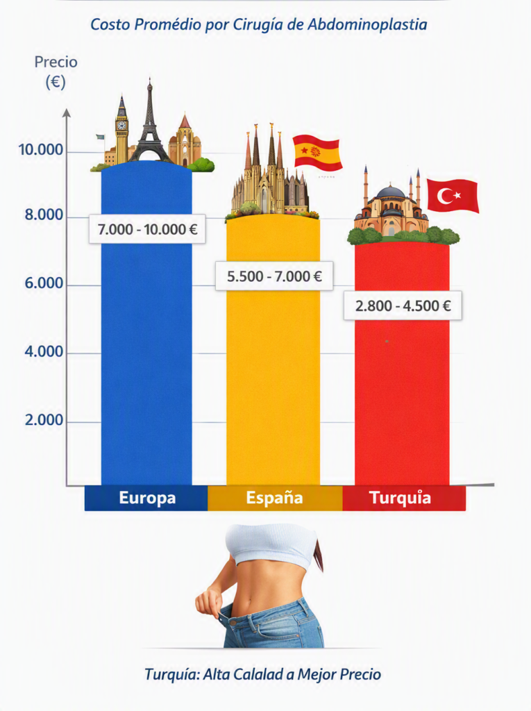 Gráfico comparativo vertical que muestra los precios promedio de abdominoplastia post‑bariátrica en Europa, España y Turquía, destacando la diferencia de costos y la calidad médica en Turquía.