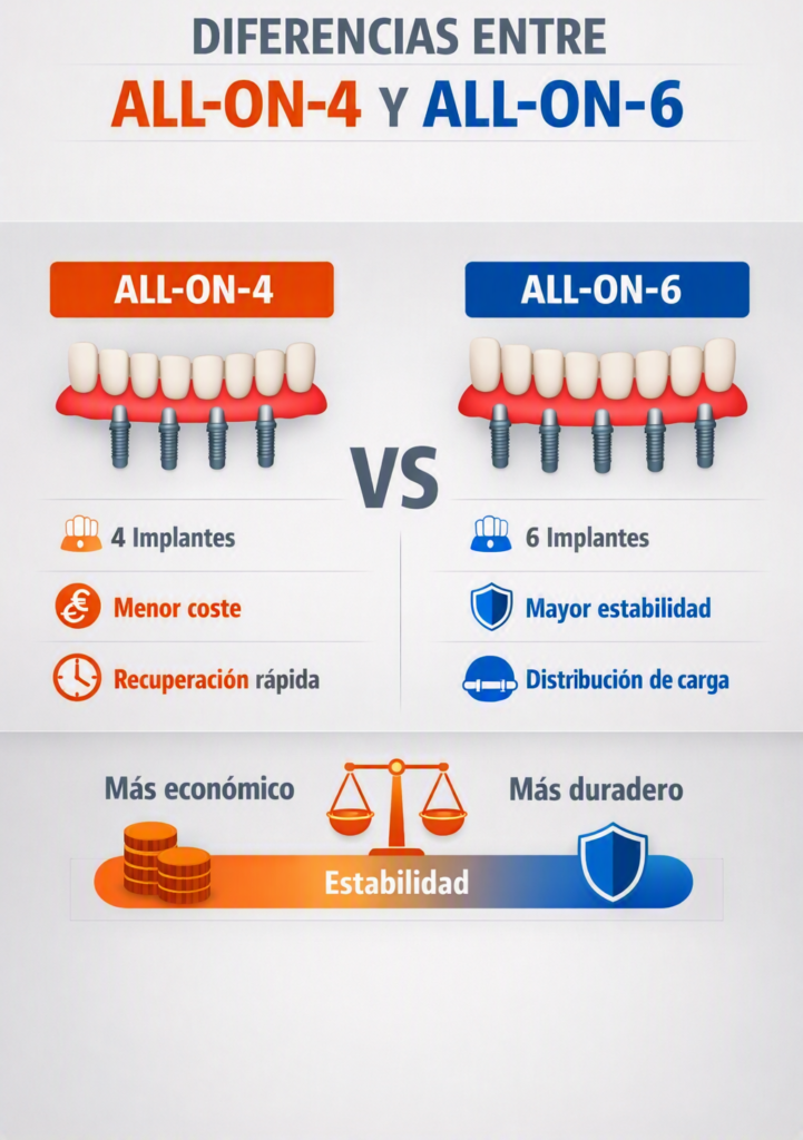 Gráfico comparativo que muestra las diferencias entre los tratamientos dentales All‑on‑4 y All‑on‑6 en Turquía, destacando número de implantes, estabilidad y coste.