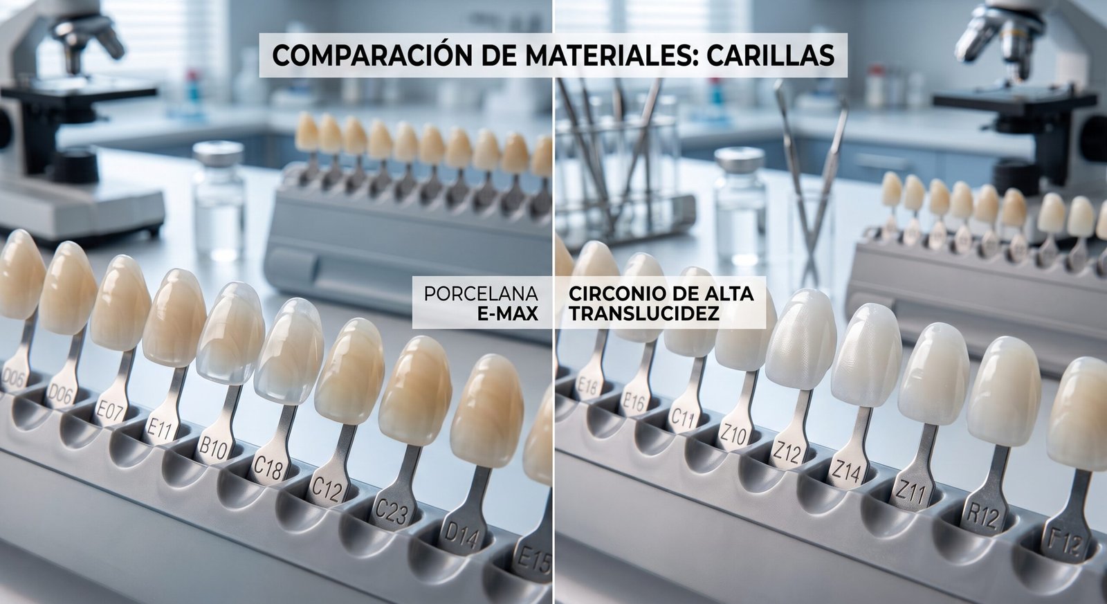 Muestra comparativa de carillas de disilicato de litio E-Max y carillas de circonio.