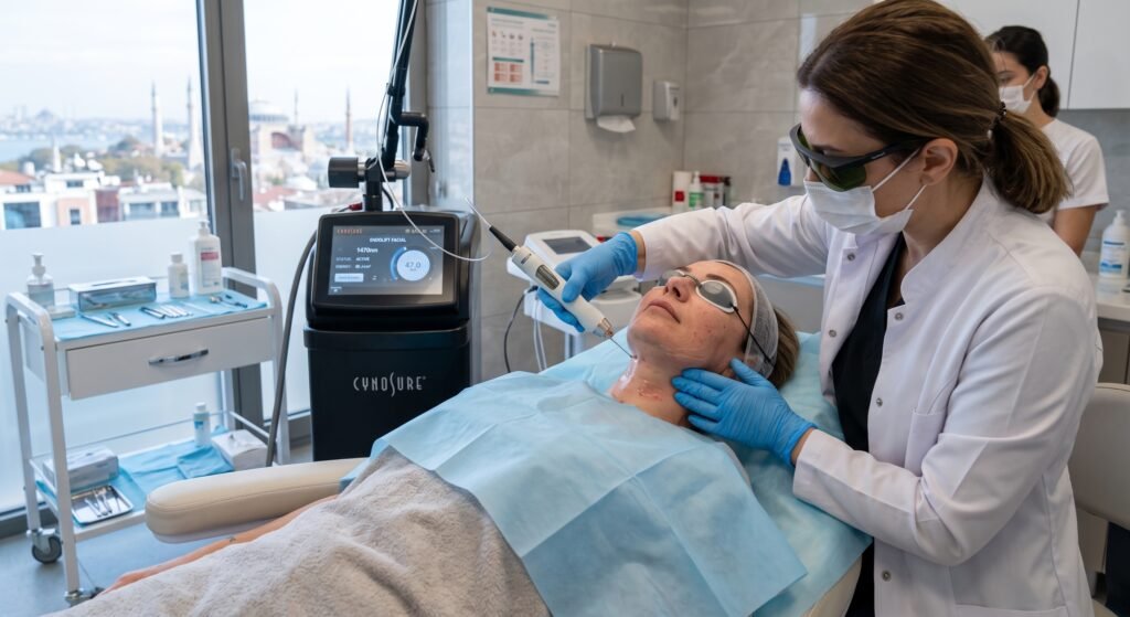 Paciente sometiéndose a un tratamiento de endolifting facial láser