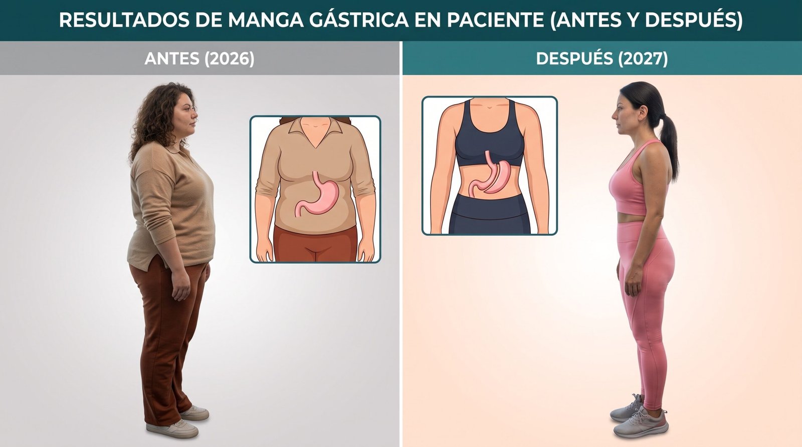 Resultados de antes y después de paciente sometido a manga gástrica 