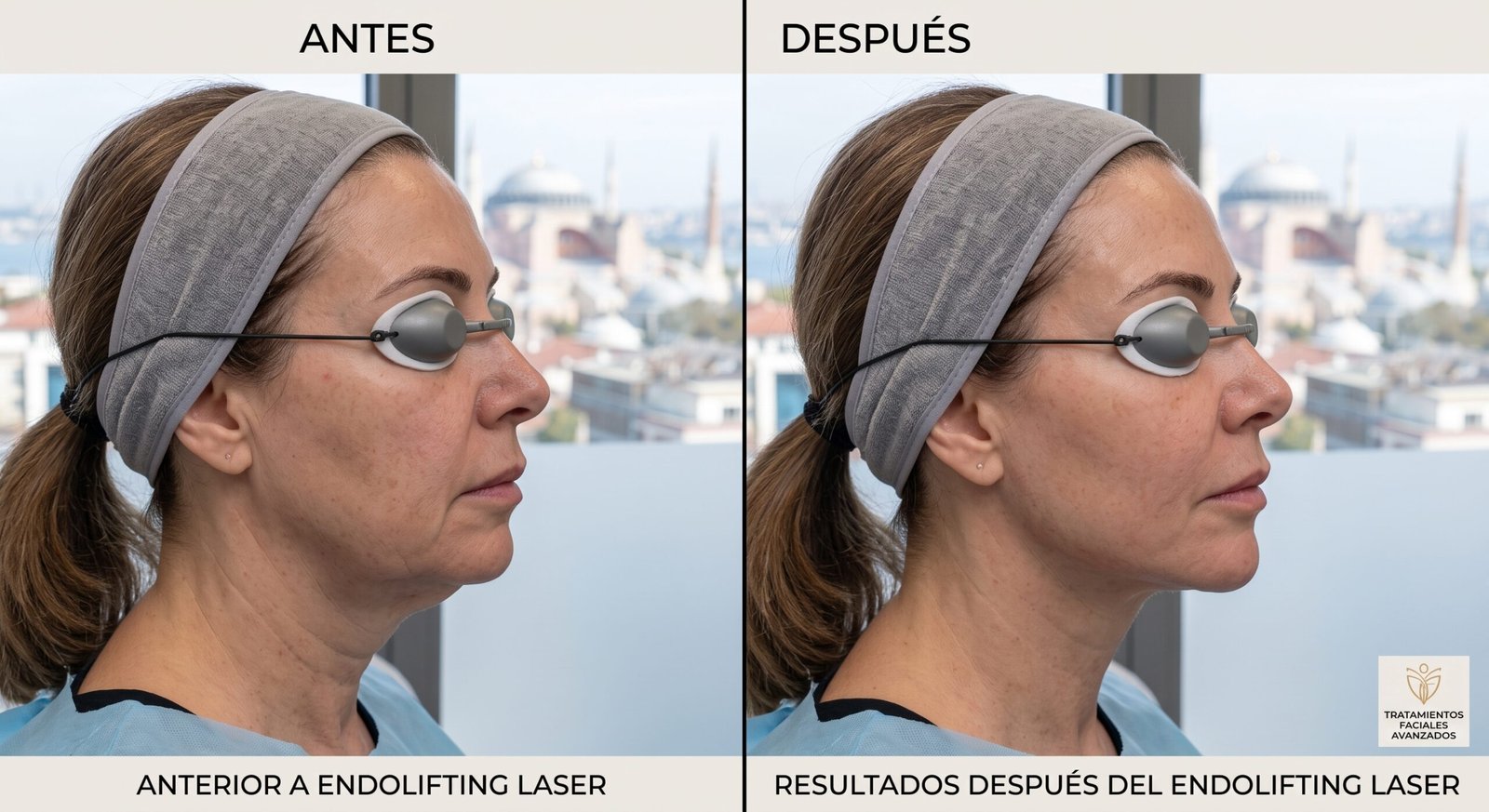 Resultados de antes y después de un endolifting facial láser para definición mandibular