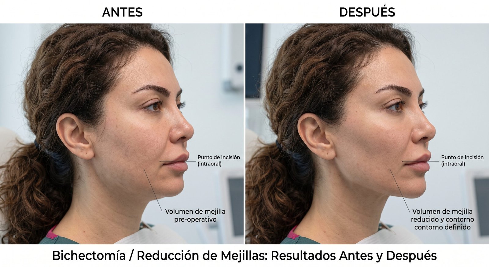 Resultados de antes y después de una bichectomía o reducción de mejillas